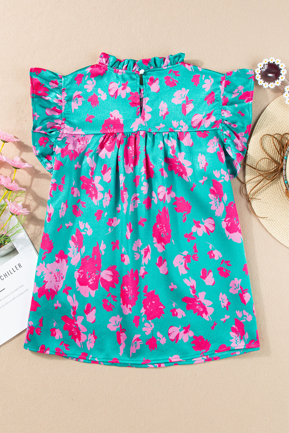 Green Floral Ruffled Flutter Sleeve Ruched Blouse – Women’s Boutique Dressy Top