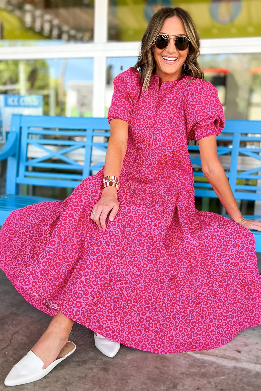 Wholesale Rose Red Mock Neck Puff Sleeve Floral Tiered Maxi Dress – Elegant Women’s Boutique Dress