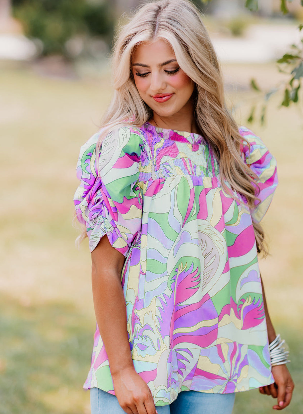 Pink Abstract Print Smocked Bubble Sleeve Blouse