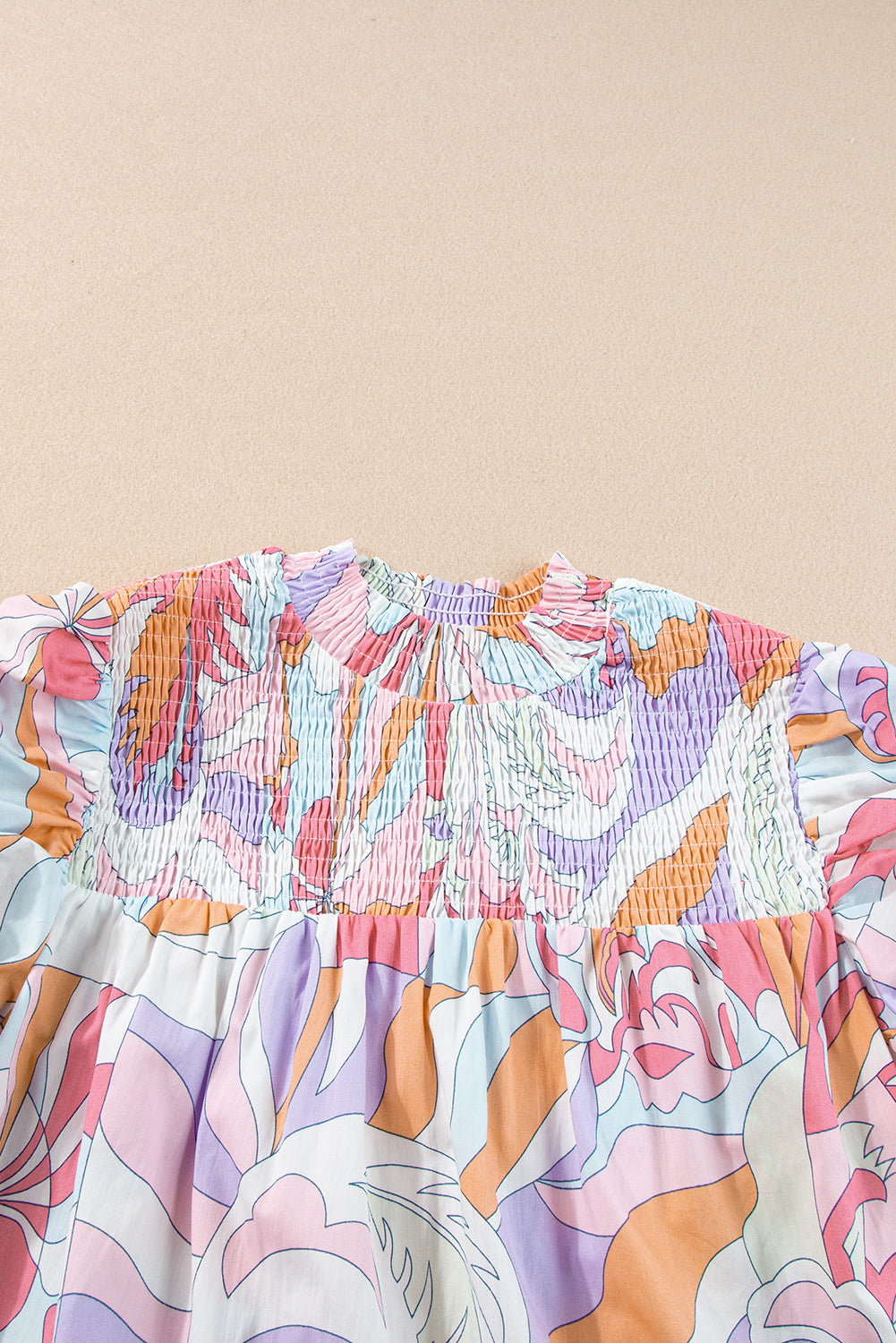 Pink Abstract Print Smocked Bubble Sleeve Blouse
