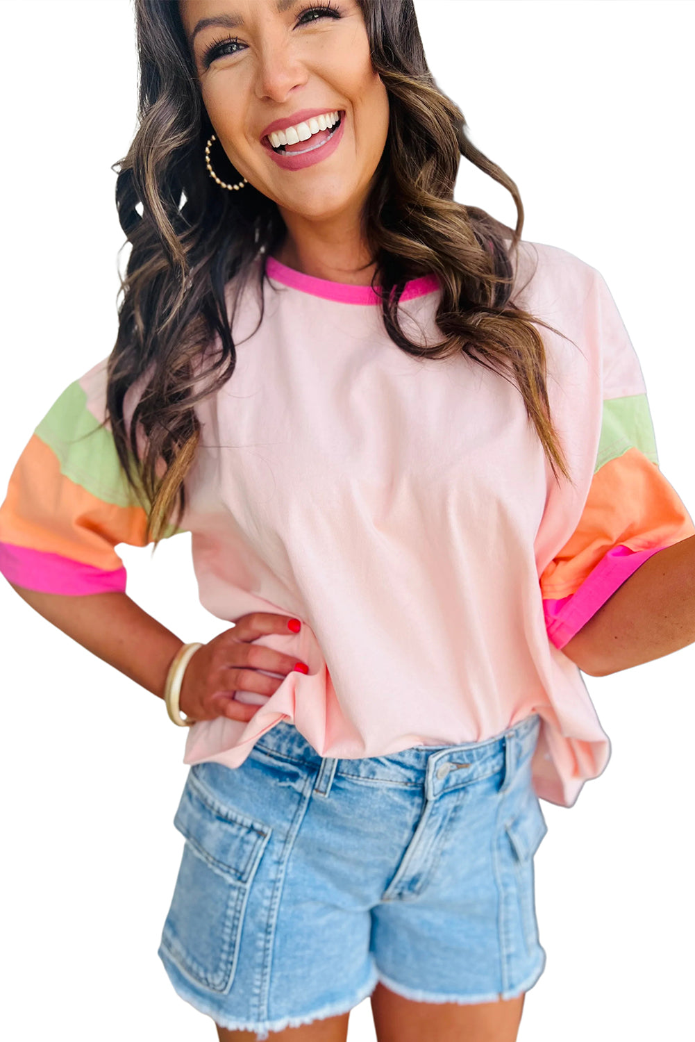 Green Color Block Sleeve Round Neck Oversized Top – Women’s Casual Boutique Shirt