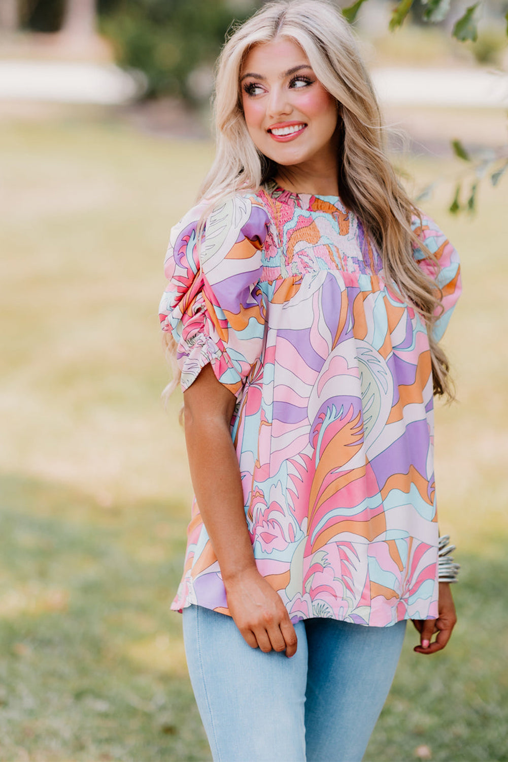 Pink Abstract Print Smocked Bubble Sleeve Blouse