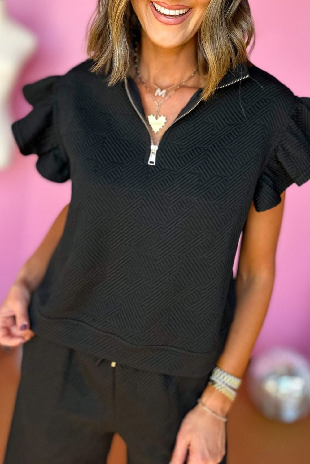 Black Plus Size Ruffled Sleeve Quarter Zip Top & Wide Leg Pants Set – Women’s Boutique Two-Piece Outfit
