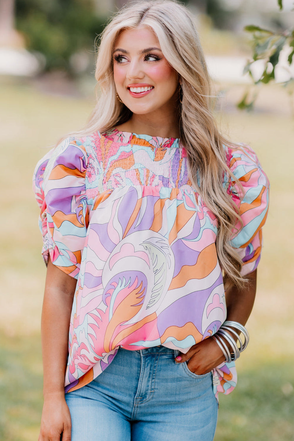Pink Abstract Print Smocked Bubble Sleeve Blouse