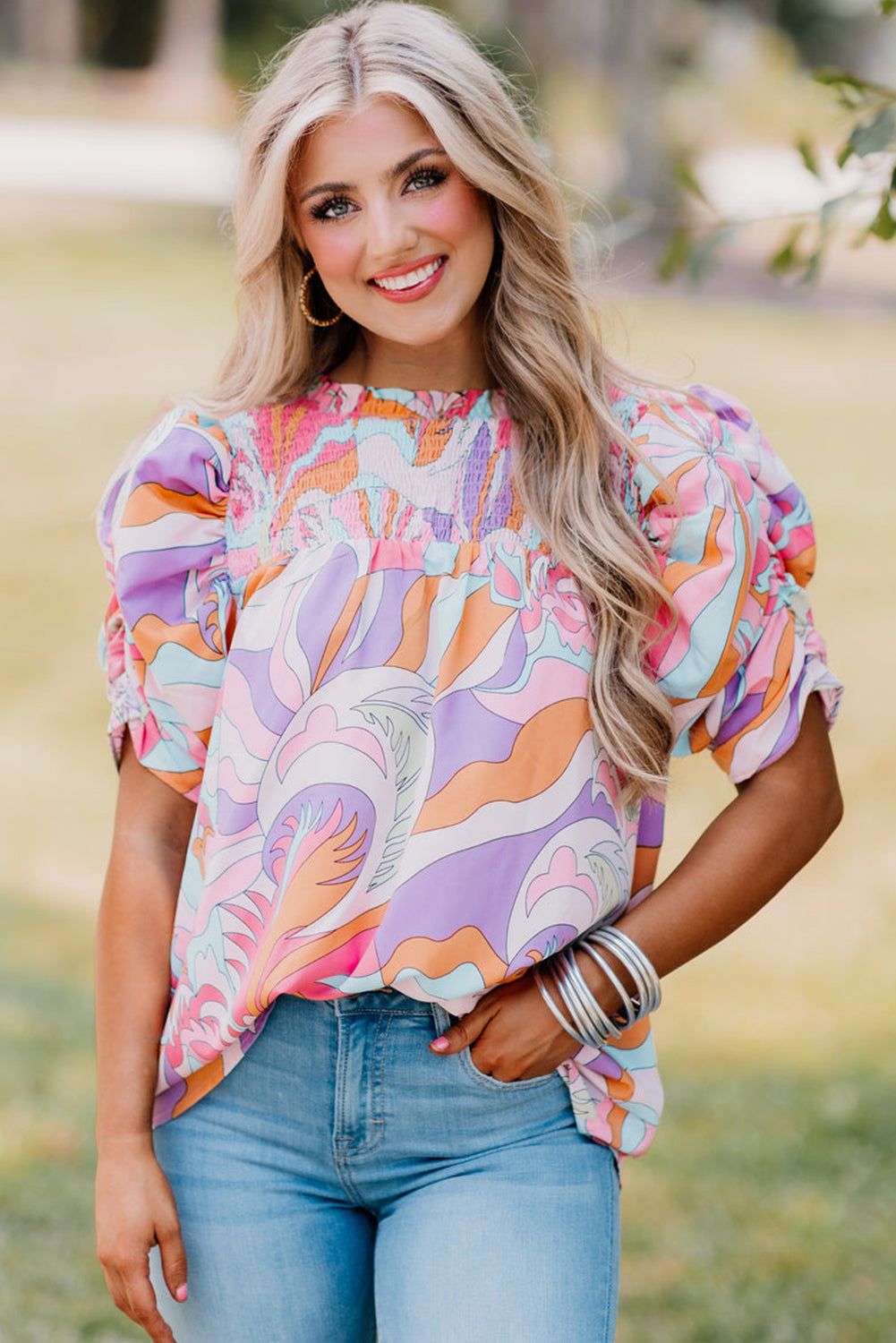Pink Abstract Print Smocked Bubble Sleeve Blouse