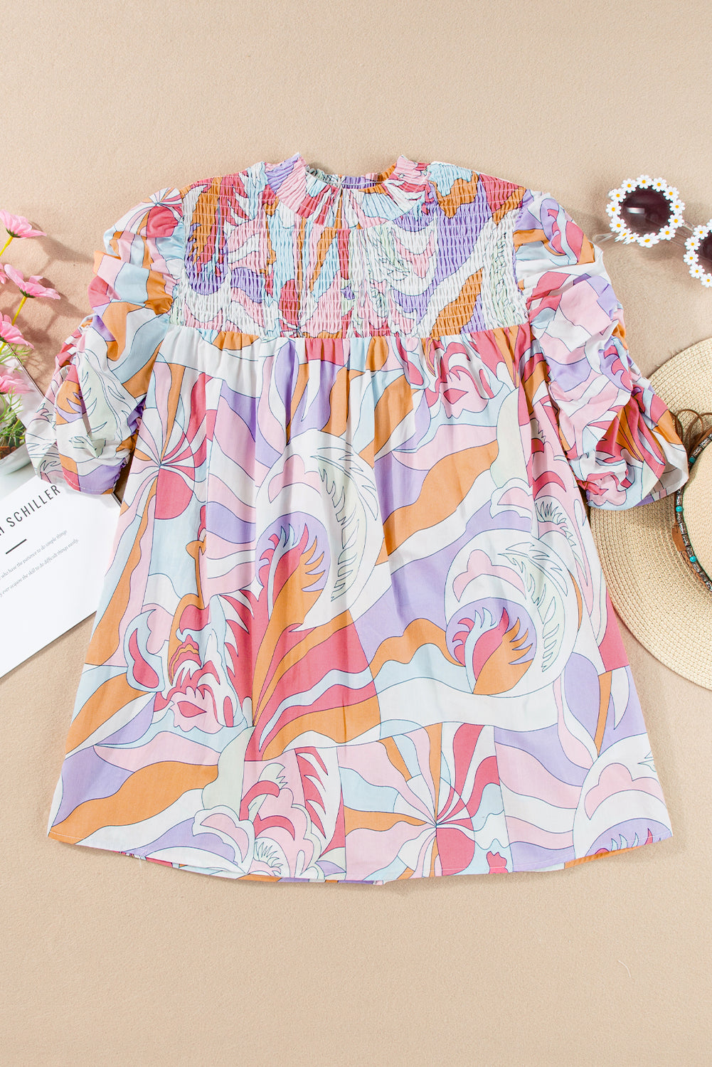 Pink Abstract Print Smocked Bubble Sleeve Blouse