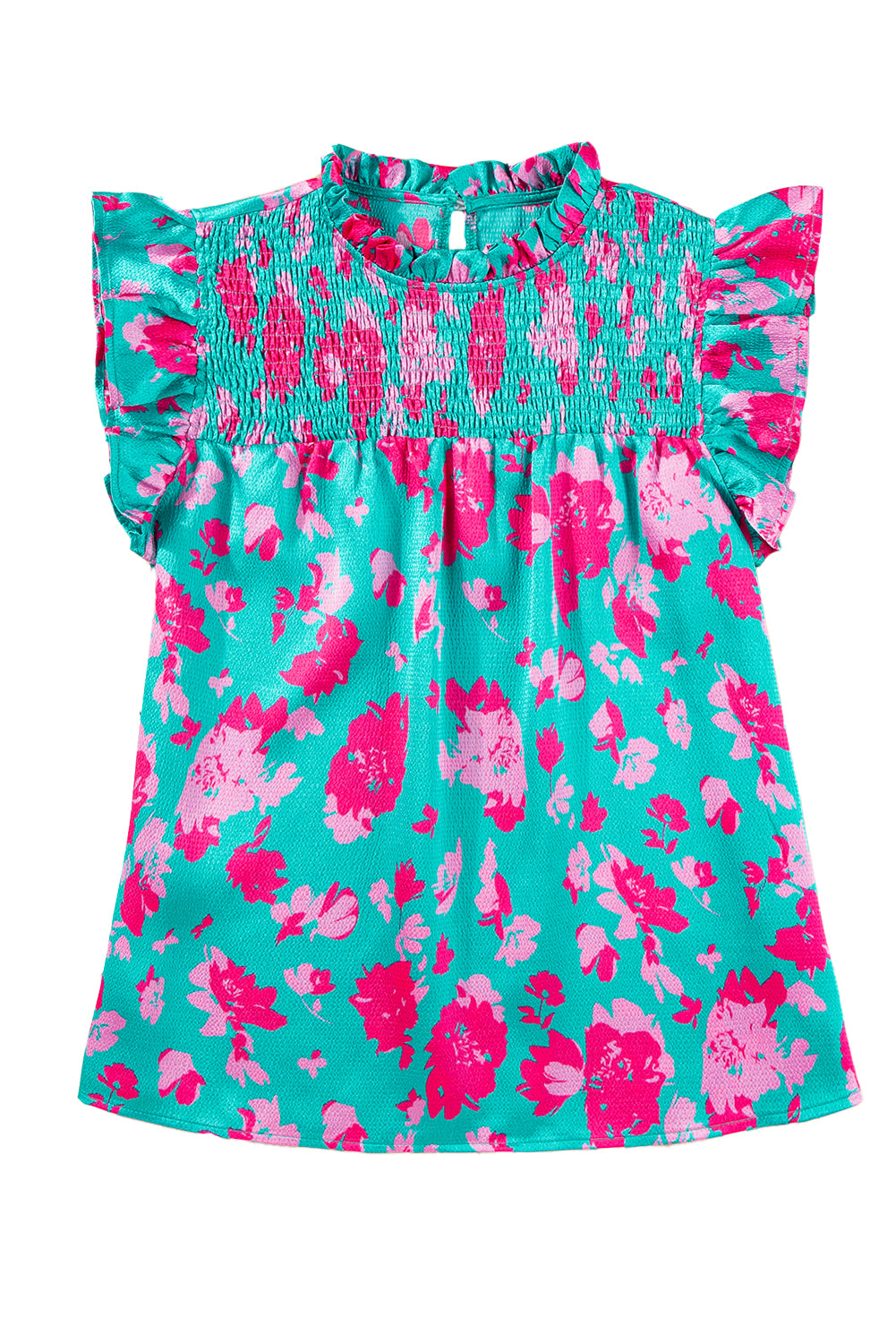 Green Floral Ruffled Flutter Sleeve Ruched Blouse – Women’s Boutique Dressy Top