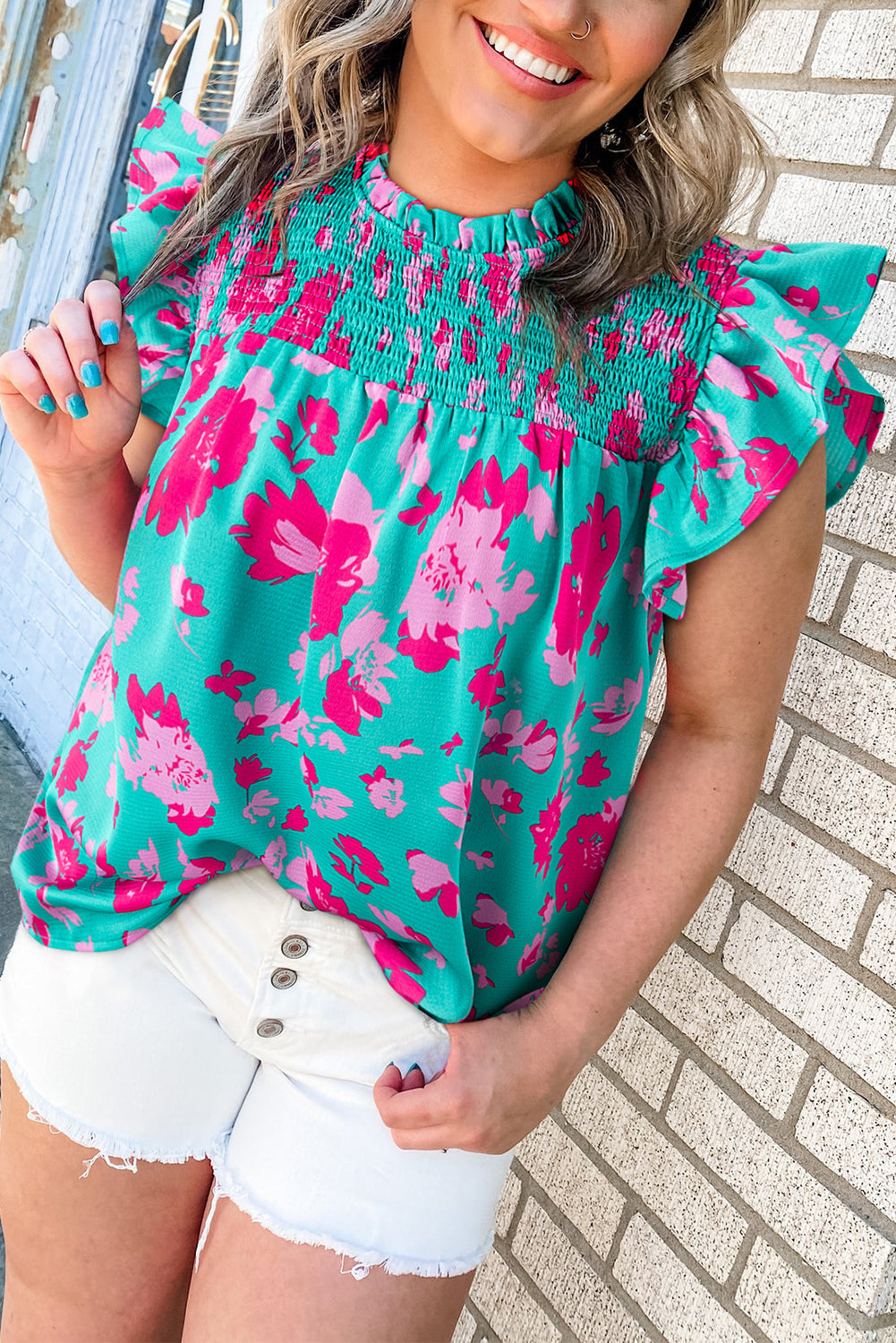 Green Floral Ruffled Flutter Sleeve Ruched Blouse – Women’s Boutique Dressy Top