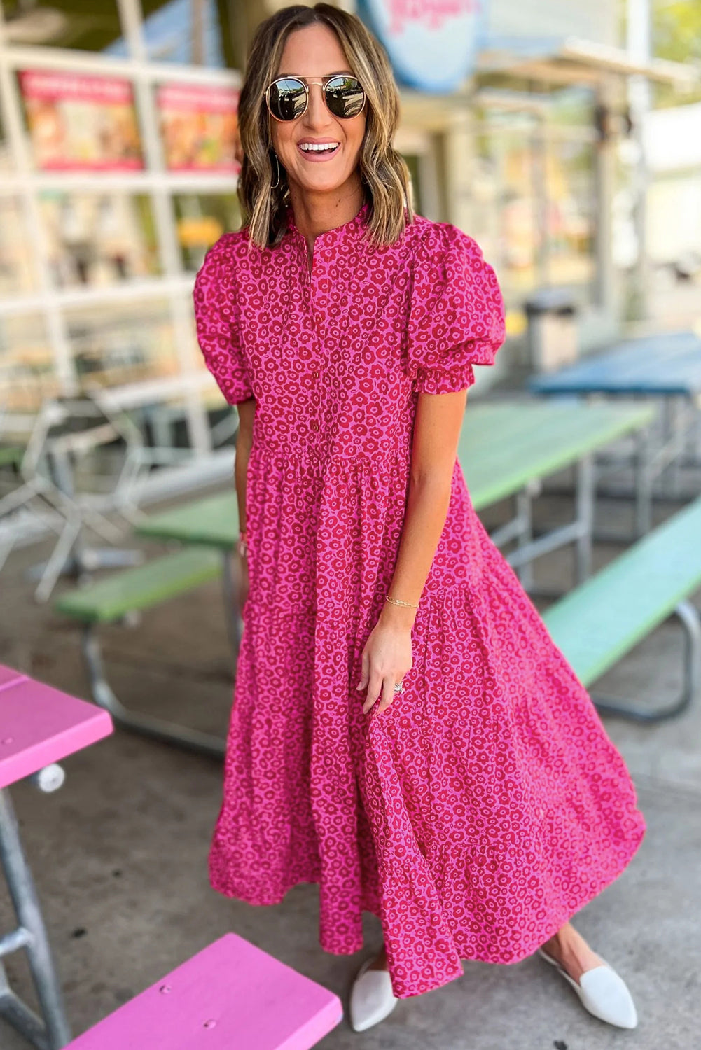 Wholesale Rose Red Mock Neck Puff Sleeve Floral Tiered Maxi Dress – Elegant Women’s Boutique Dress