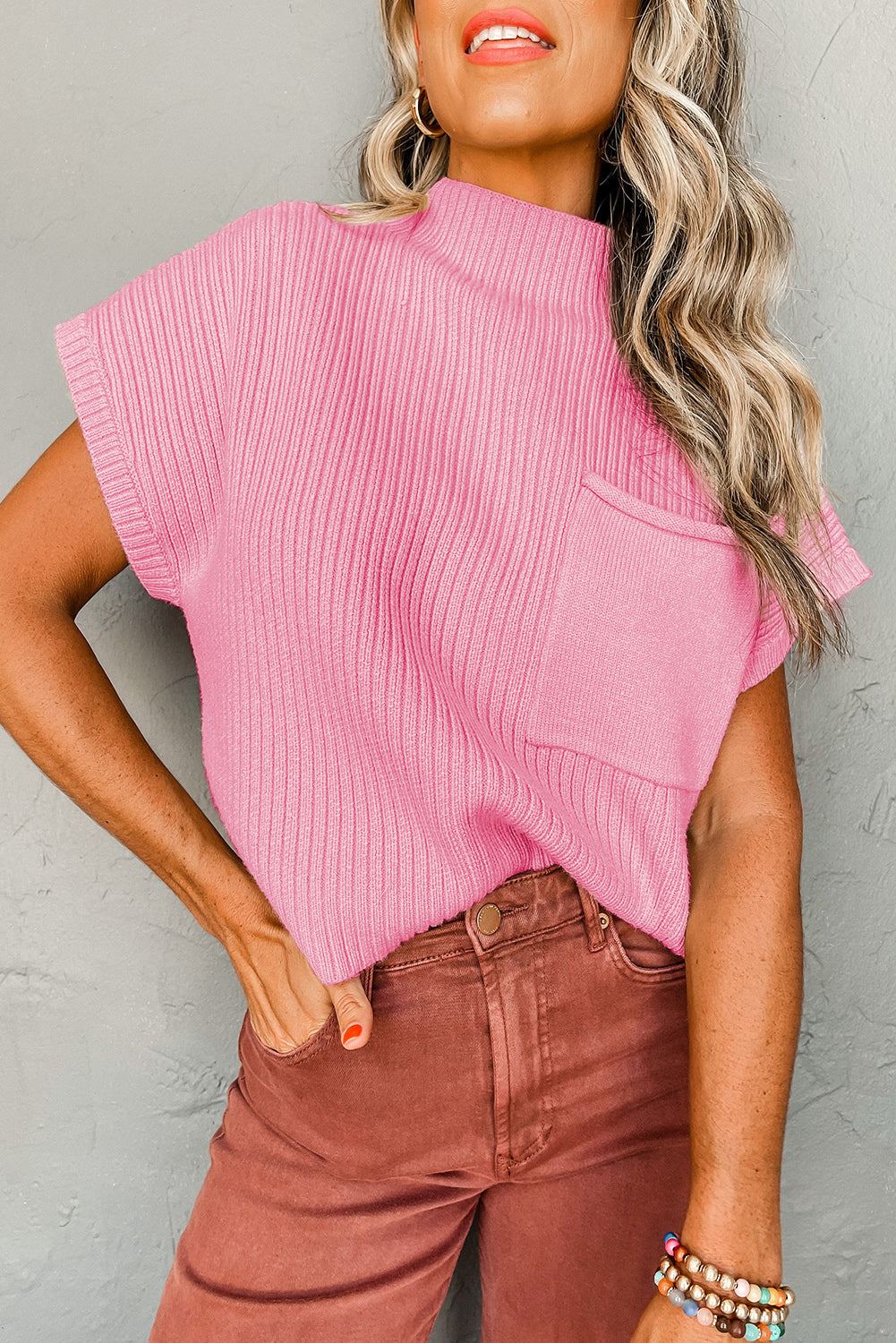 Pink Patch Pocket Ribbed Knit Short Sleeve Sweater – Women’s Boutique Casual Top