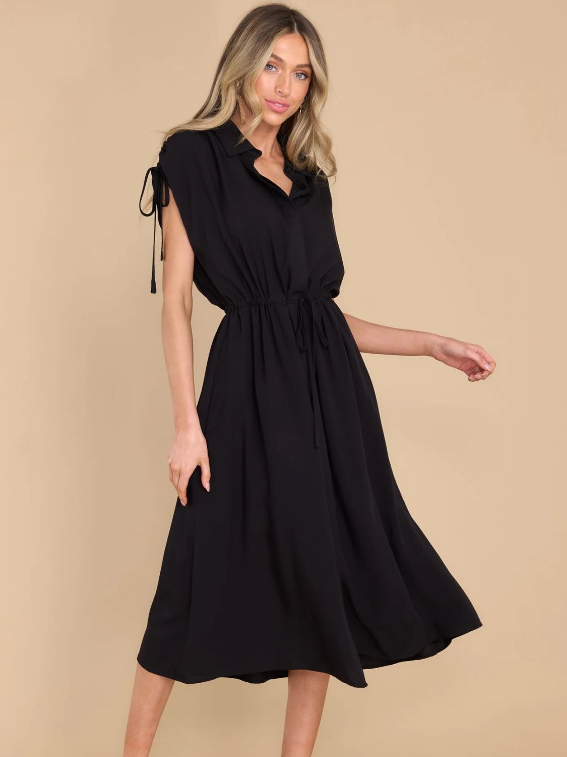 Drawstring Collared Neck Short Sleeve Midi Dress – Women’s Casual Boutique Shirt Dress