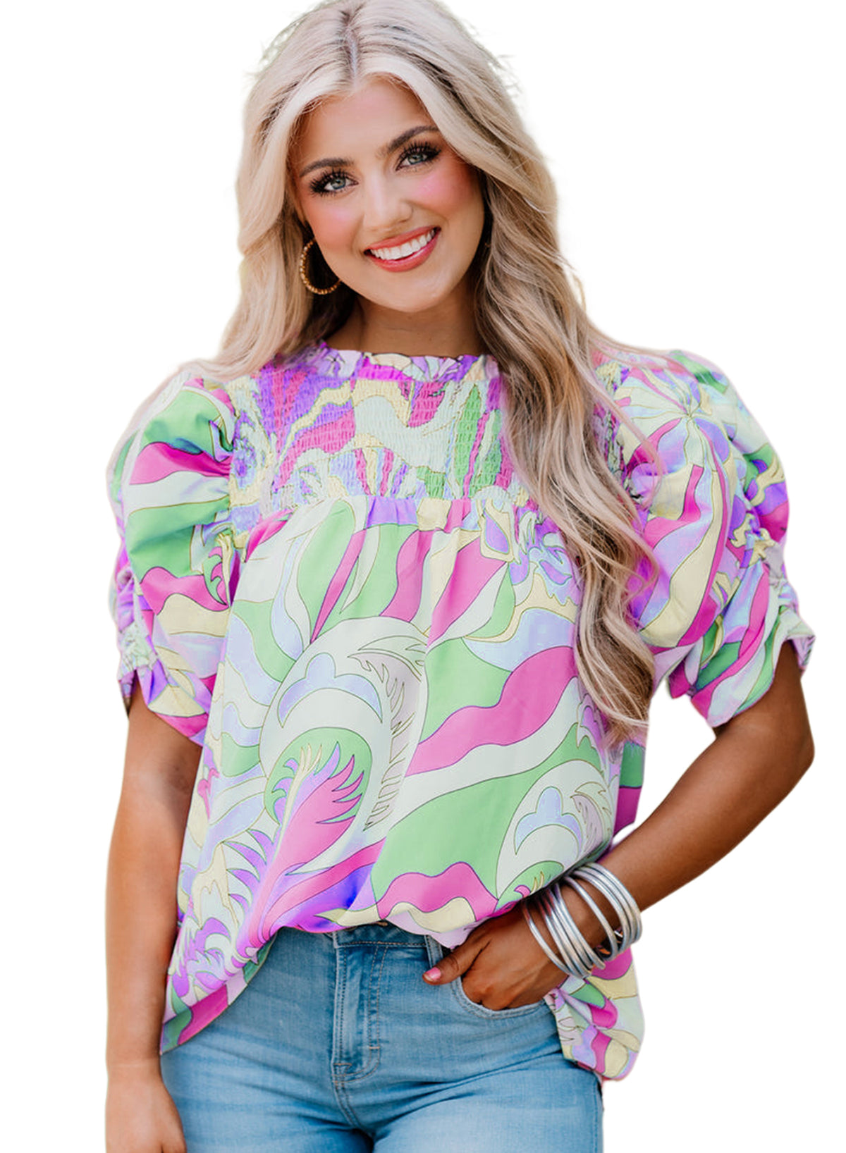 Pink Abstract Print Smocked Bubble Sleeve Blouse