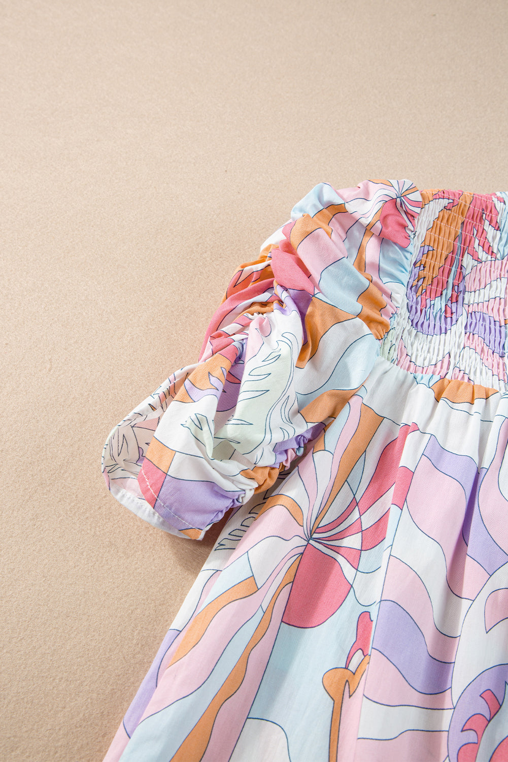 Pink Abstract Print Smocked Bubble Sleeve Blouse