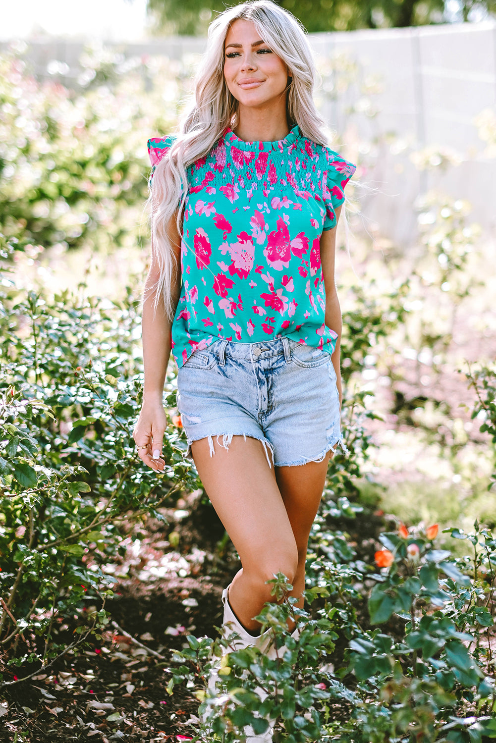 Green Floral Ruffled Flutter Sleeve Ruched Blouse – Women’s Boutique Dressy Top