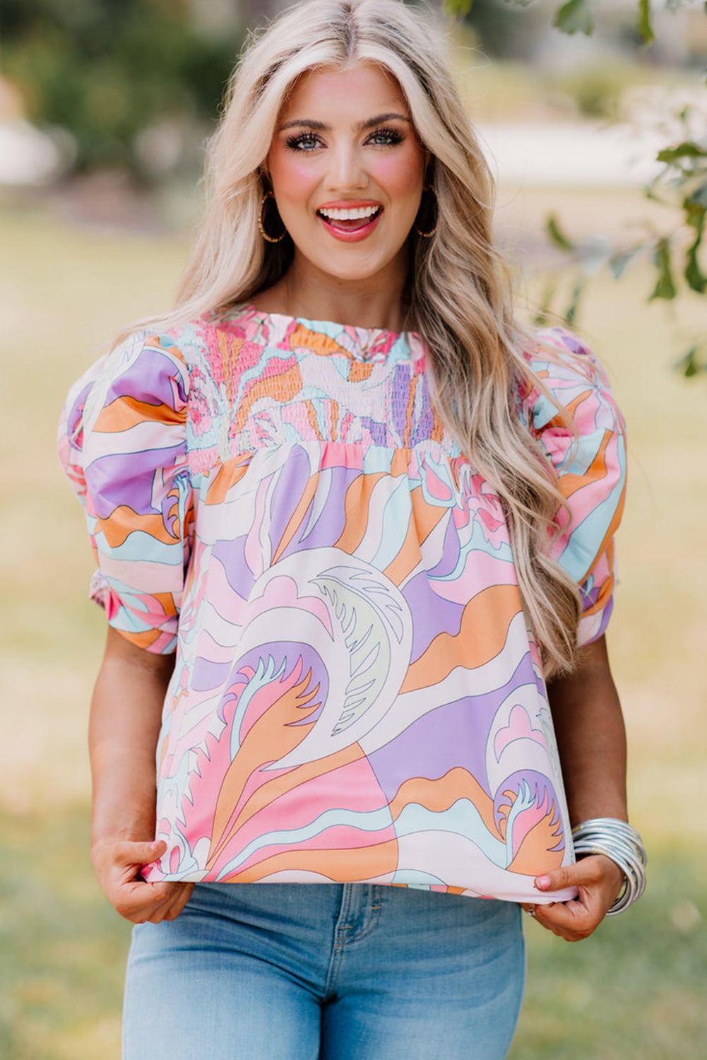 Pink Abstract Print Smocked Bubble Sleeve Blouse