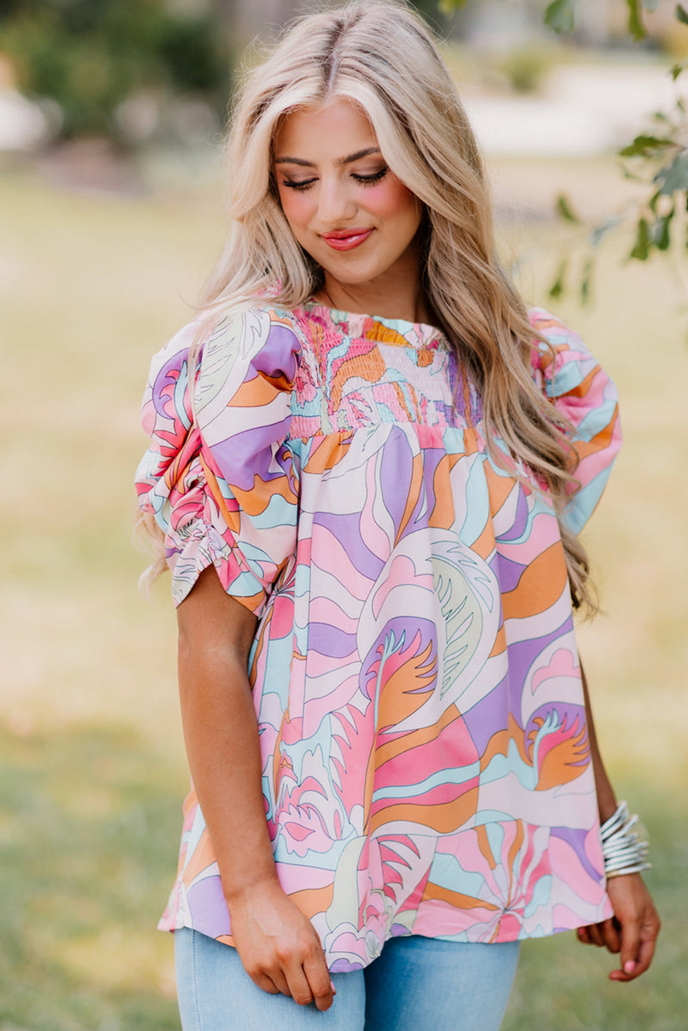 Pink Abstract Print Smocked Bubble Sleeve Blouse