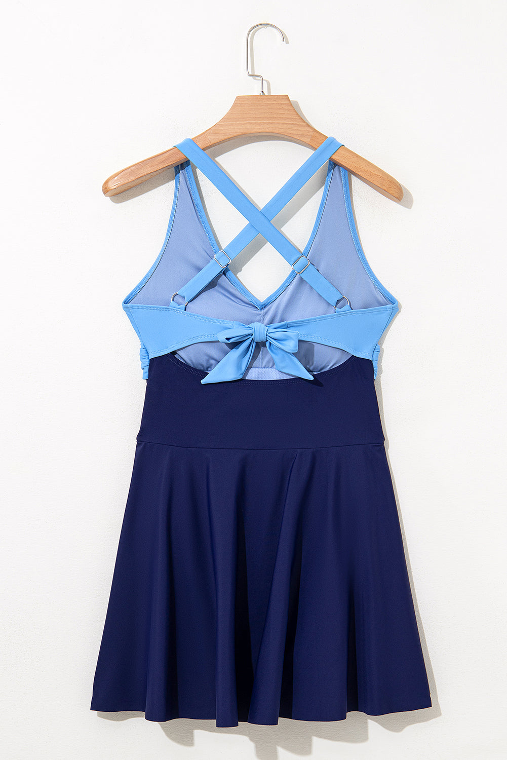Navy Blue Crisscross Straps Tie Back Flared One Piece Swimsuit