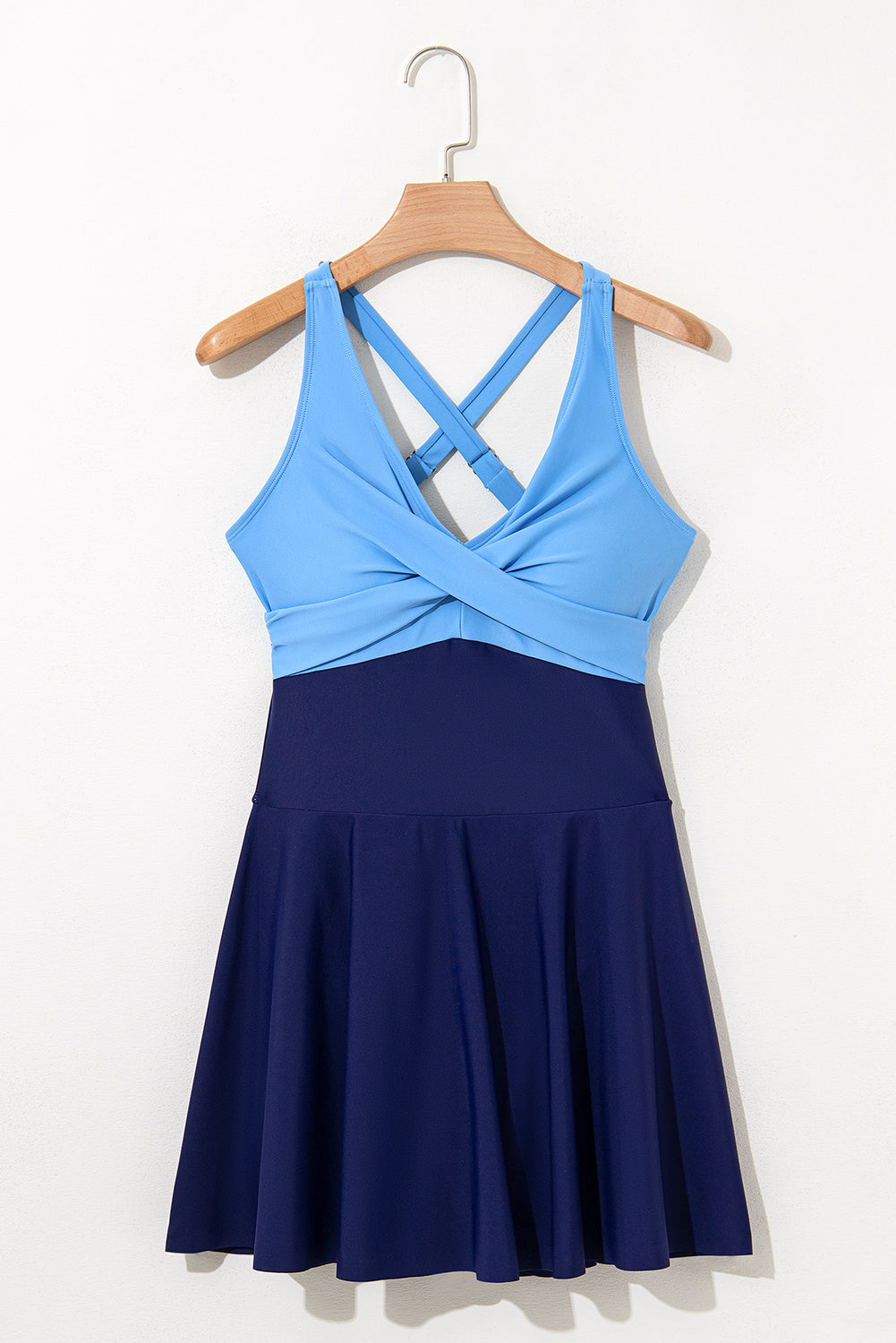 Navy Blue Crisscross Straps Tie Back Flared One Piece Swimsuit