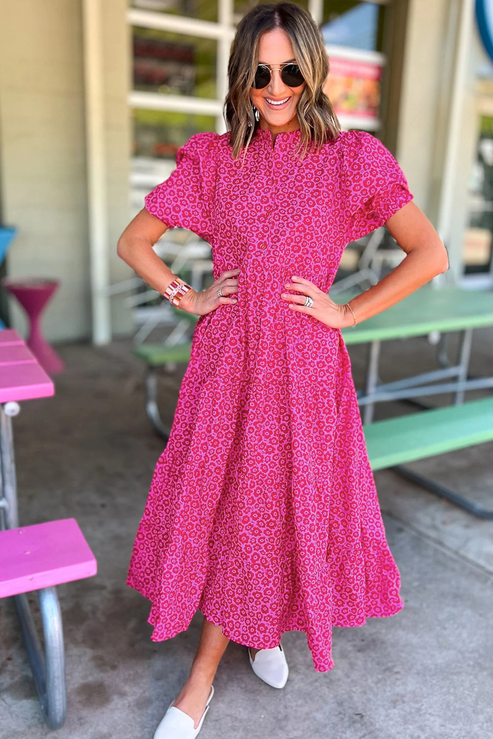 Wholesale Rose Red Mock Neck Puff Sleeve Floral Tiered Maxi Dress – Elegant Women’s Boutique Dress