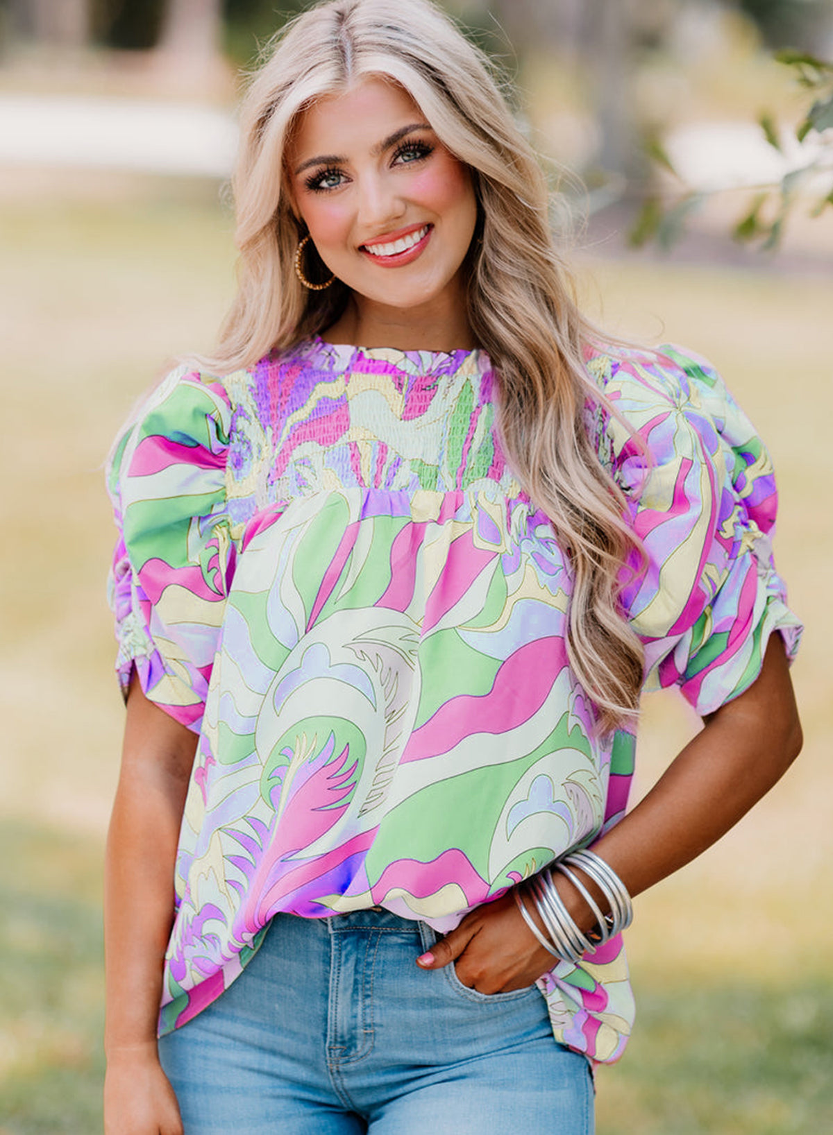 Pink Abstract Print Smocked Bubble Sleeve Blouse