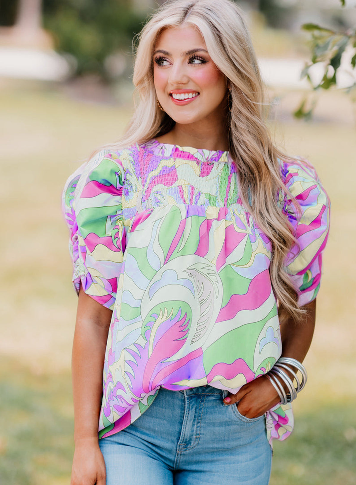 Pink Abstract Print Smocked Bubble Sleeve Blouse