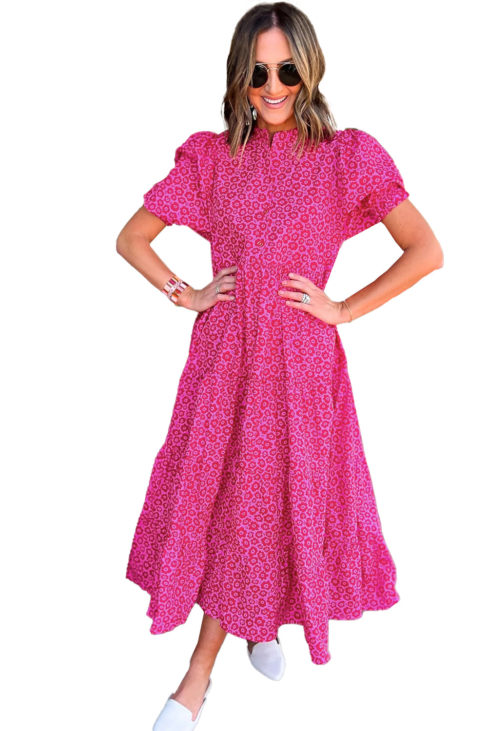 Wholesale Rose Red Mock Neck Puff Sleeve Floral Tiered Maxi Dress – Elegant Women’s Boutique Dress