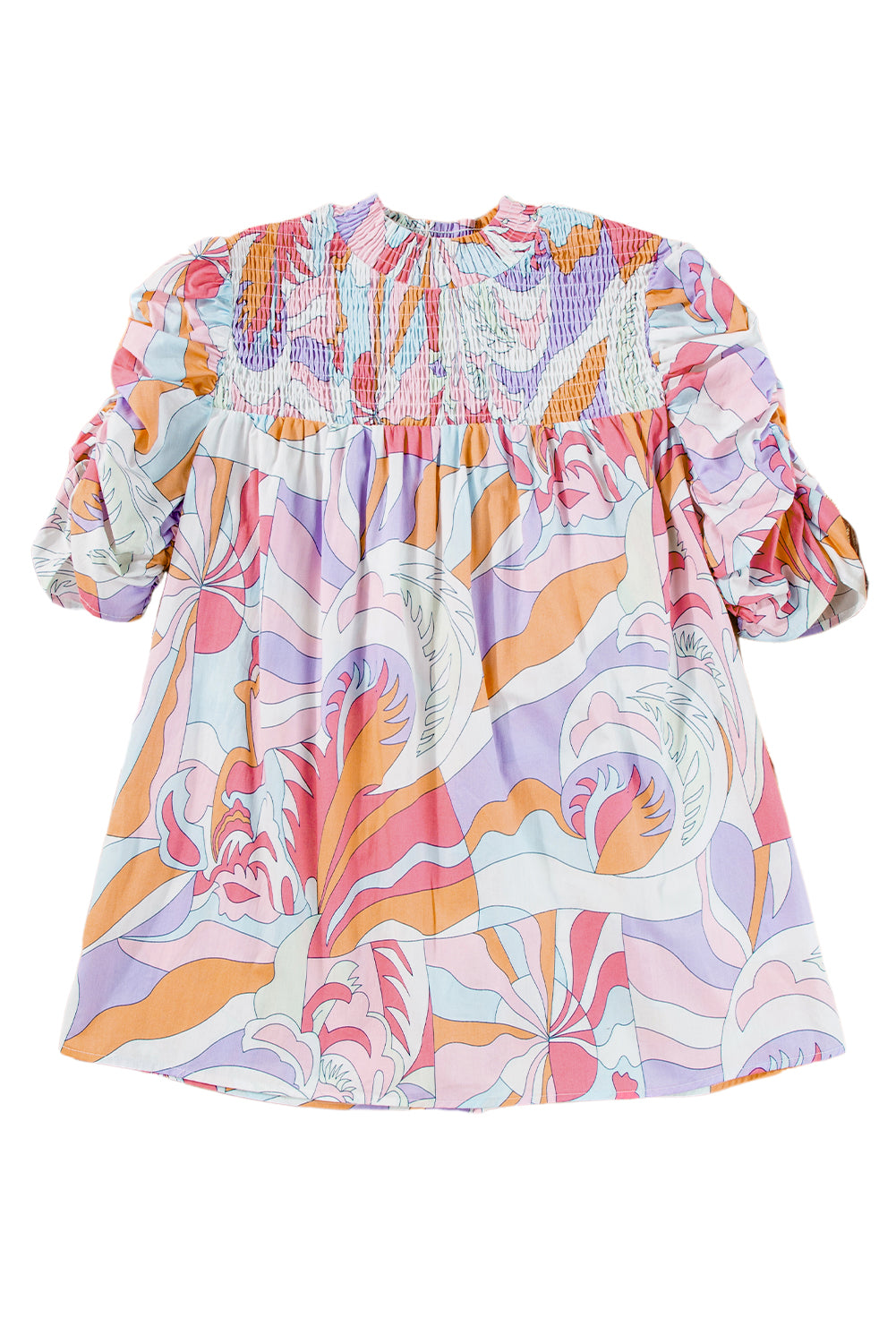 Pink Abstract Print Smocked Bubble Sleeve Blouse