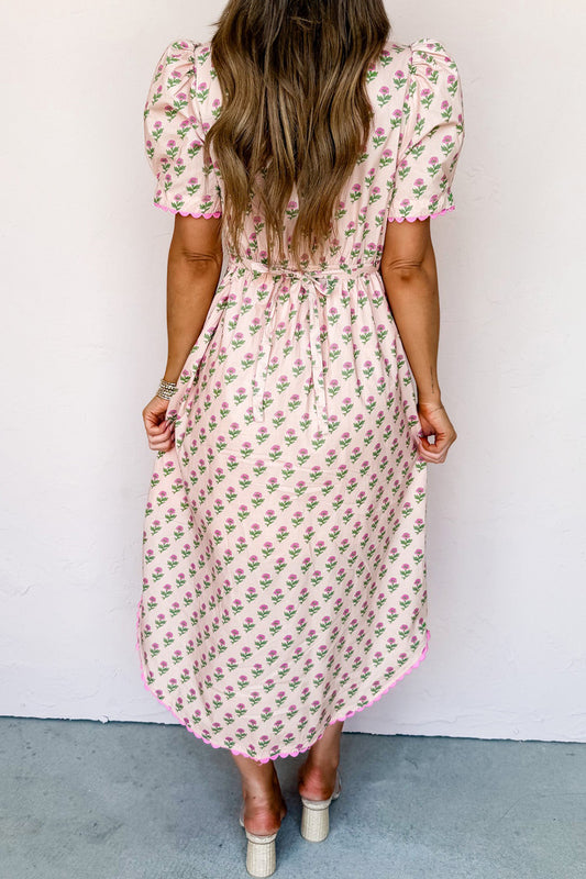Pink Floral Print V Neck Scallop Trim Button Front Short Sleeve Midi Dress