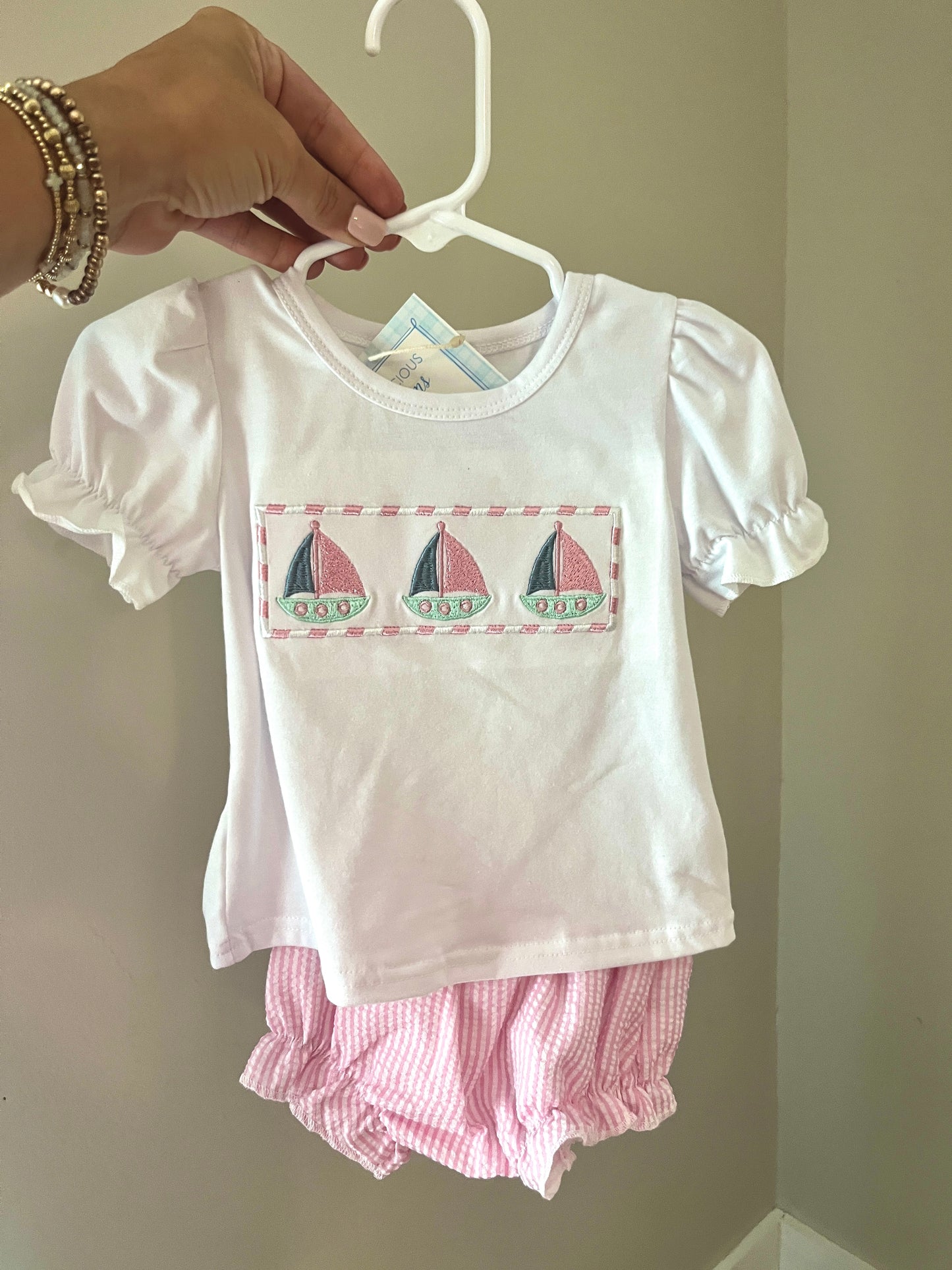 Seersucker Sailboat Baby Girl Bloomer Set – Nautical Boutique Infant & Toddler Summer Outfit