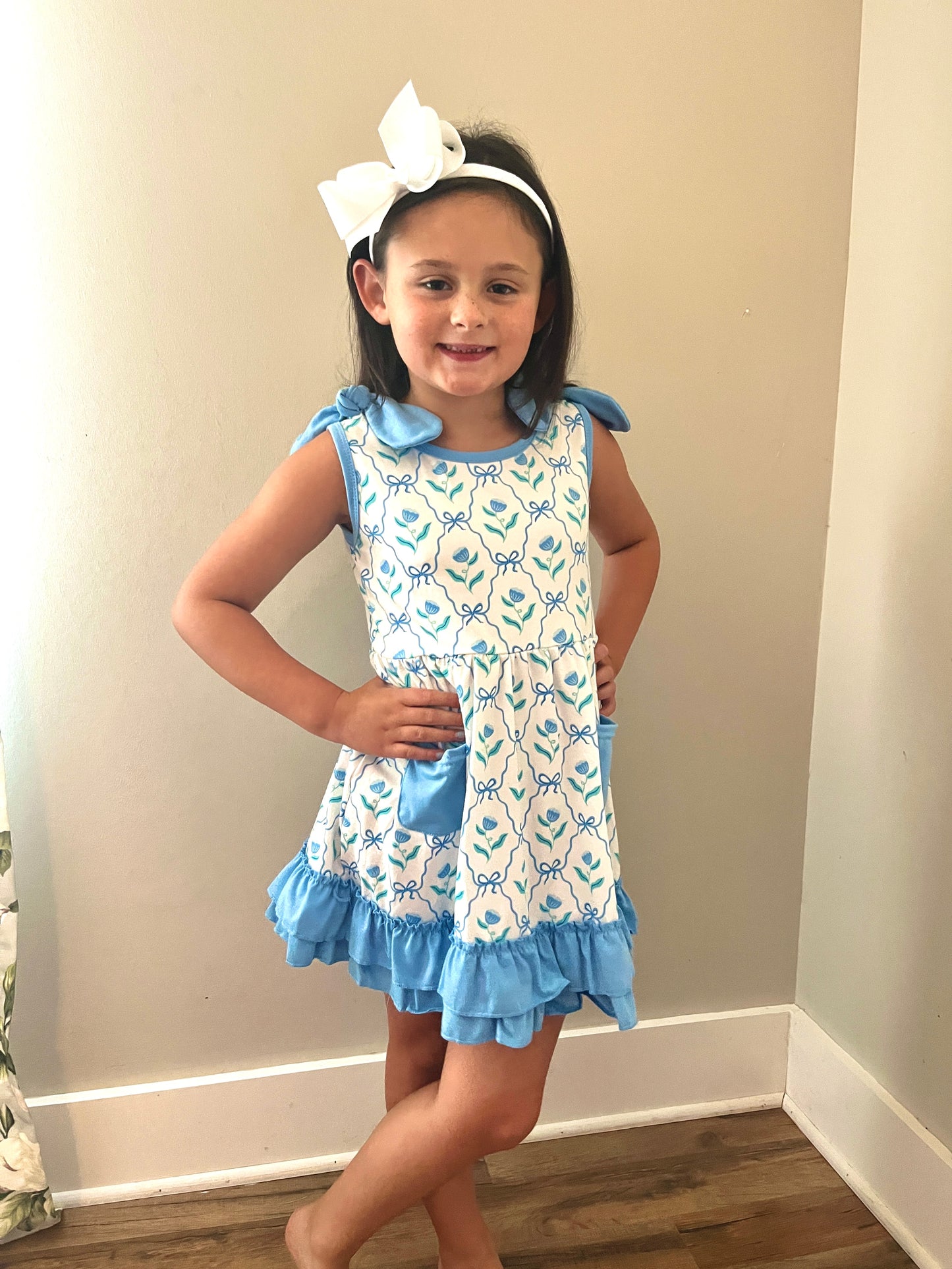 Blue Trellis Bow Dress for Girls – Classic Baby & Toddler Boutique Outfit