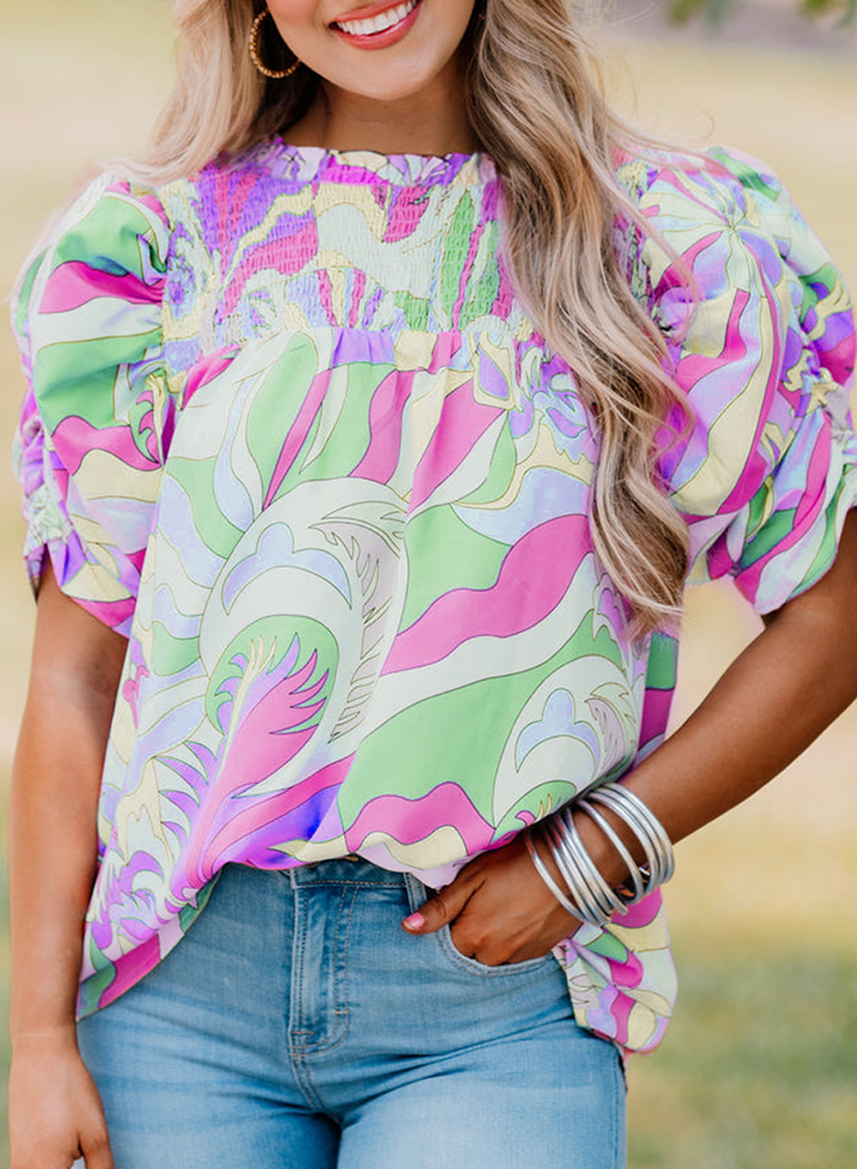Pink Abstract Print Smocked Bubble Sleeve Blouse