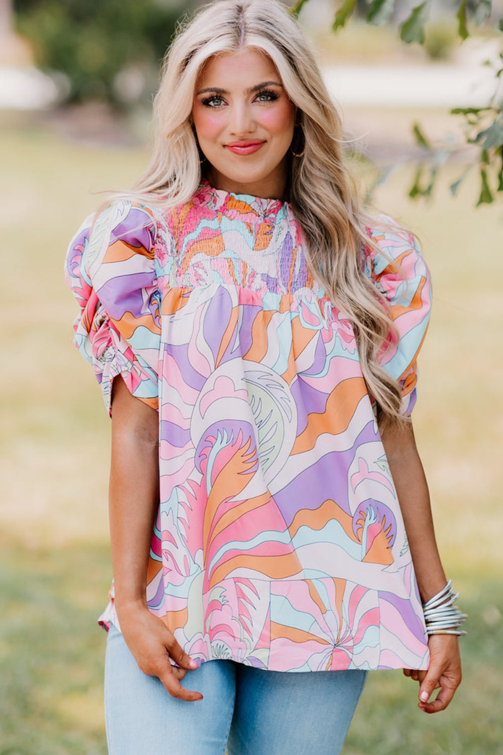 Pink Abstract Print Smocked Bubble Sleeve Blouse