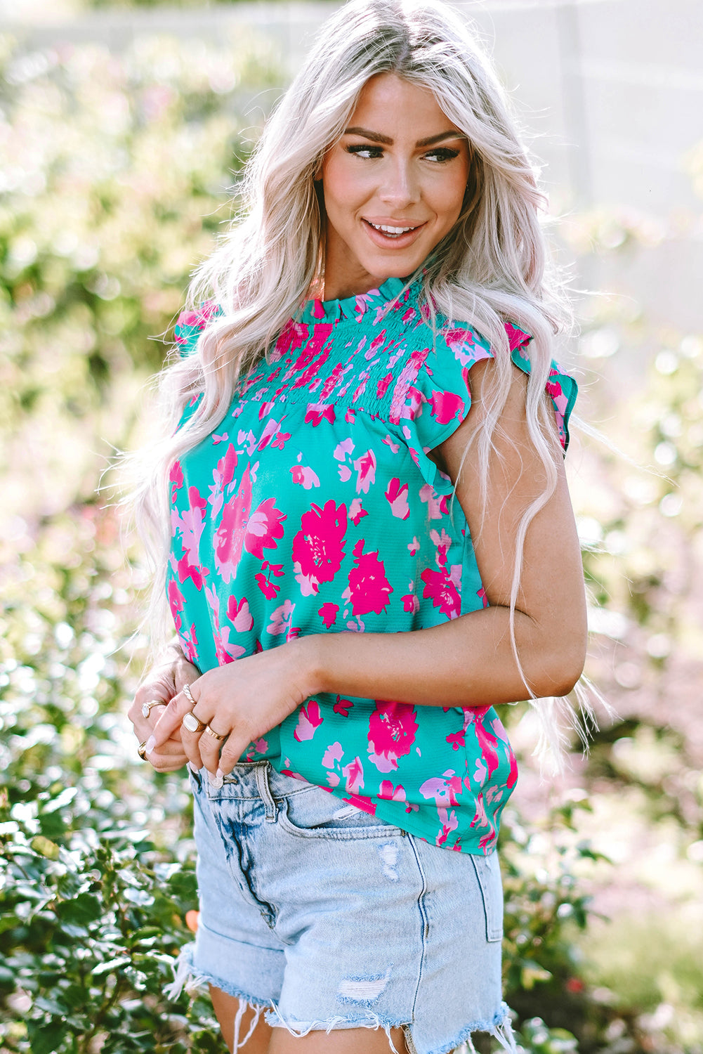 Green Floral Ruffled Flutter Sleeve Ruched Blouse – Women’s Boutique Dressy Top