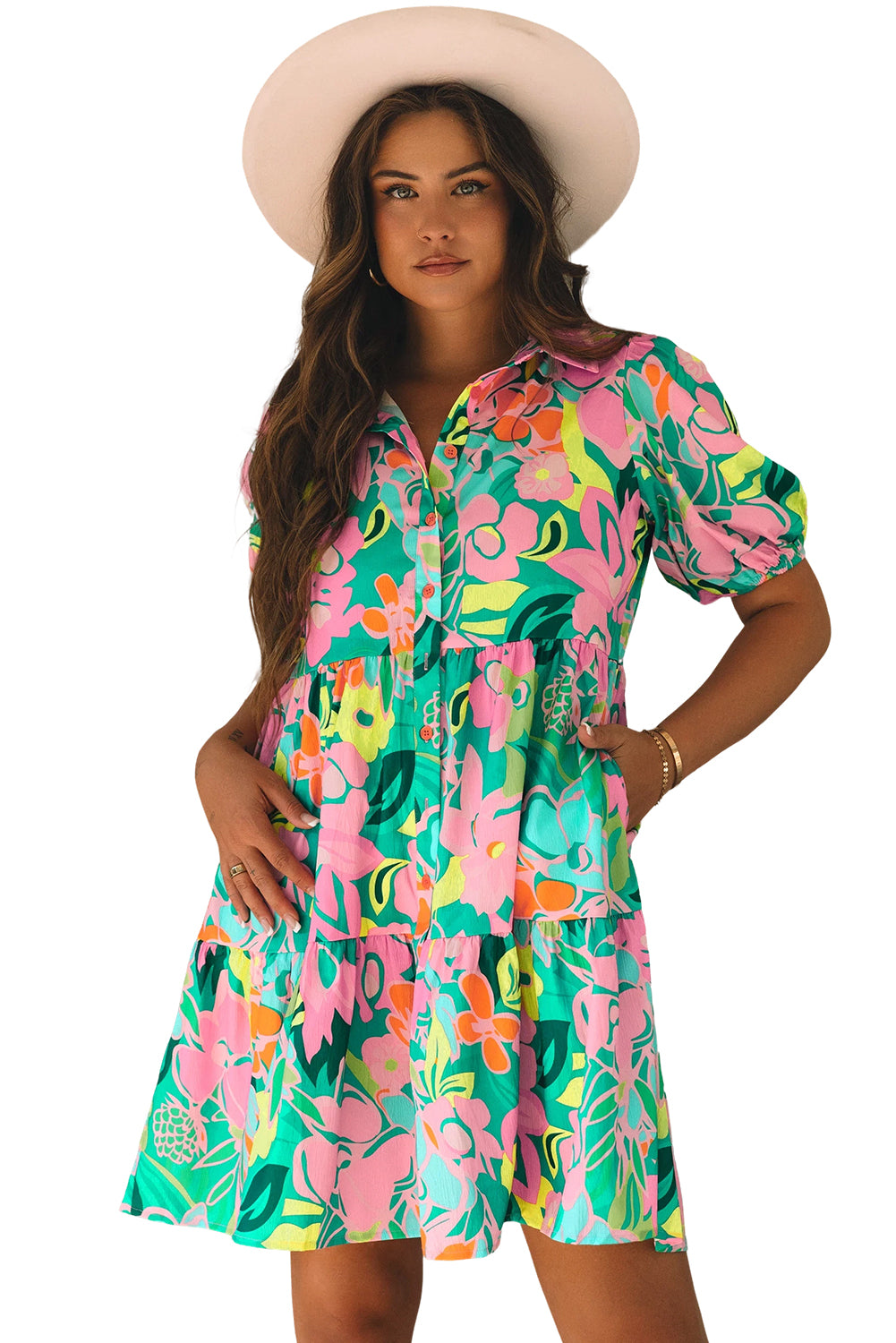 Green Floral Puff Sleeve Collared Buttoned Babydoll Dress – Women’s Boutique Summer Dress