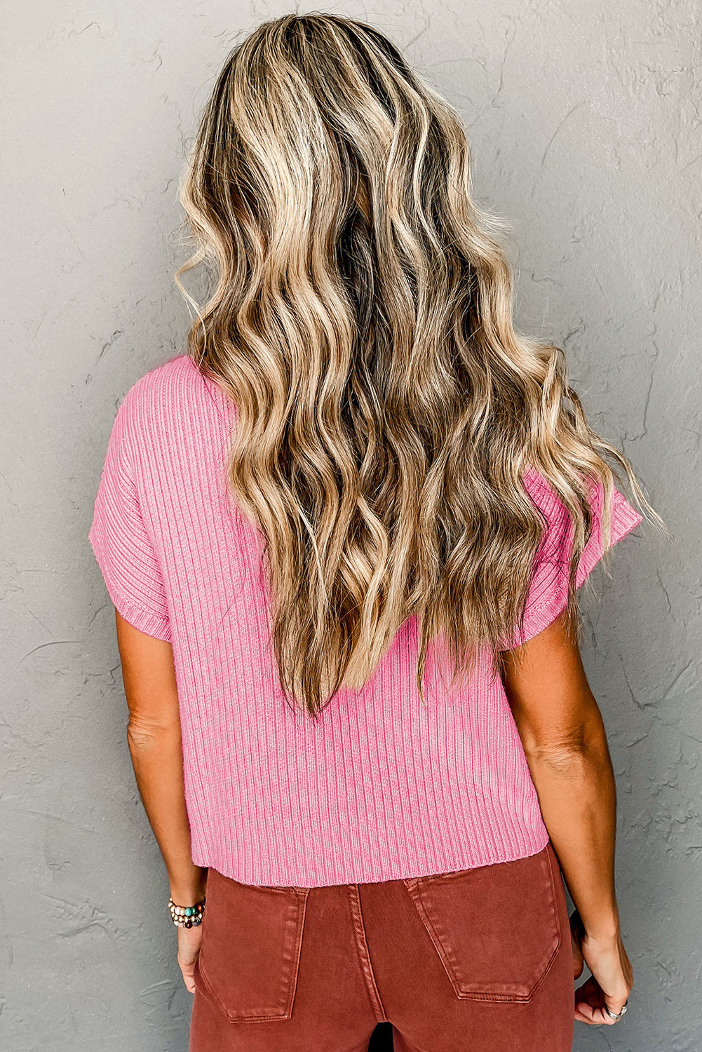 Pink Patch Pocket Ribbed Knit Short Sleeve Sweater – Women’s Boutique Casual Top