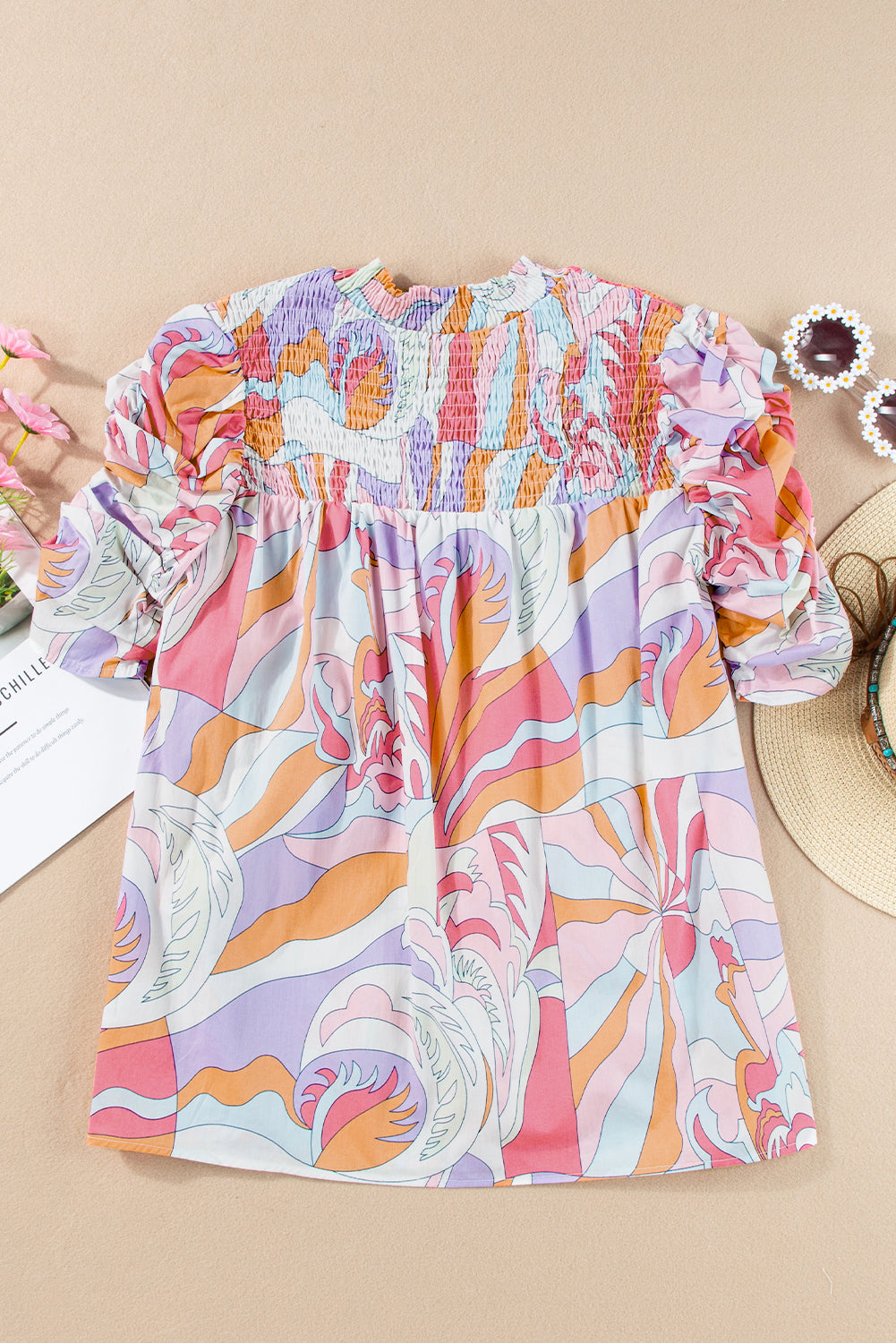 Pink Abstract Print Smocked Bubble Sleeve Blouse