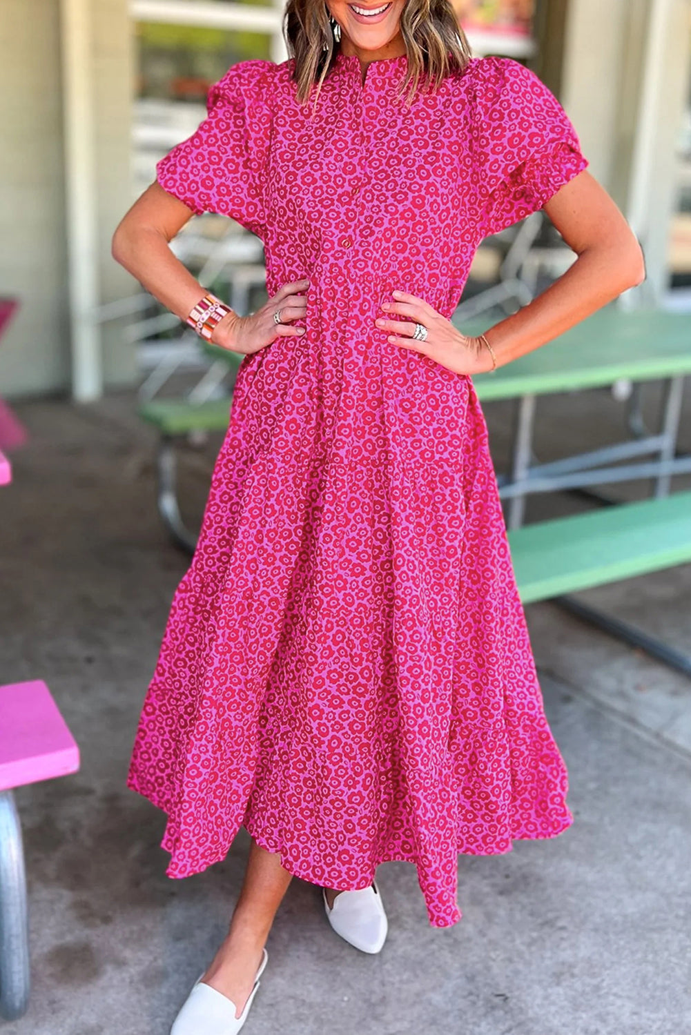 Wholesale Rose Red Mock Neck Puff Sleeve Floral Tiered Maxi Dress – Elegant Women’s Boutique Dress