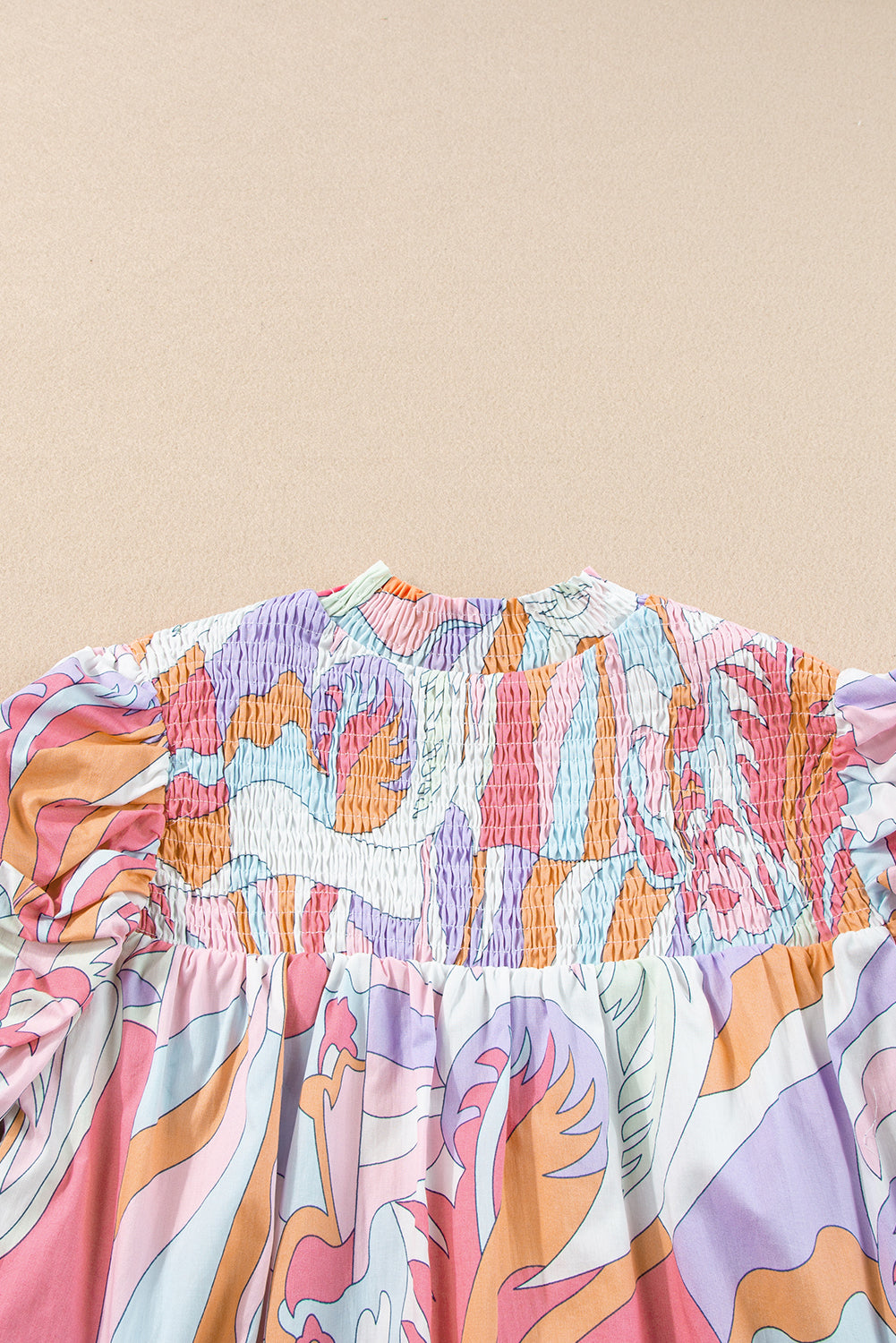 Pink Abstract Print Smocked Bubble Sleeve Blouse