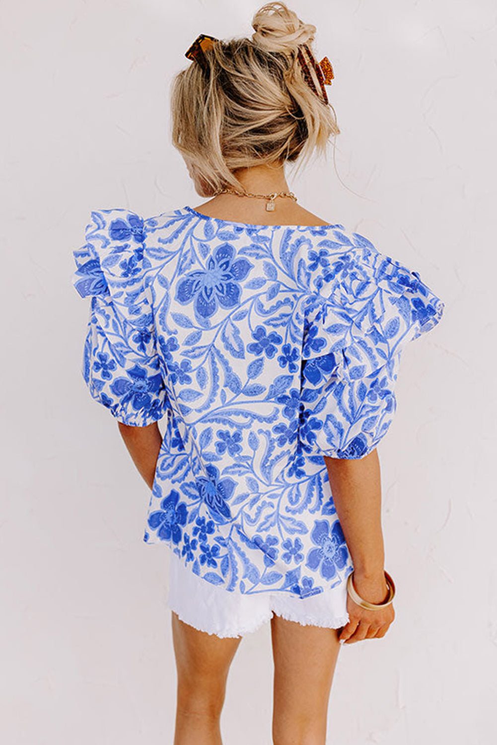 Dark Blue Floral Print Ruffled Bubble Sleeve Blouse – Women’s Boutique Dressy Top