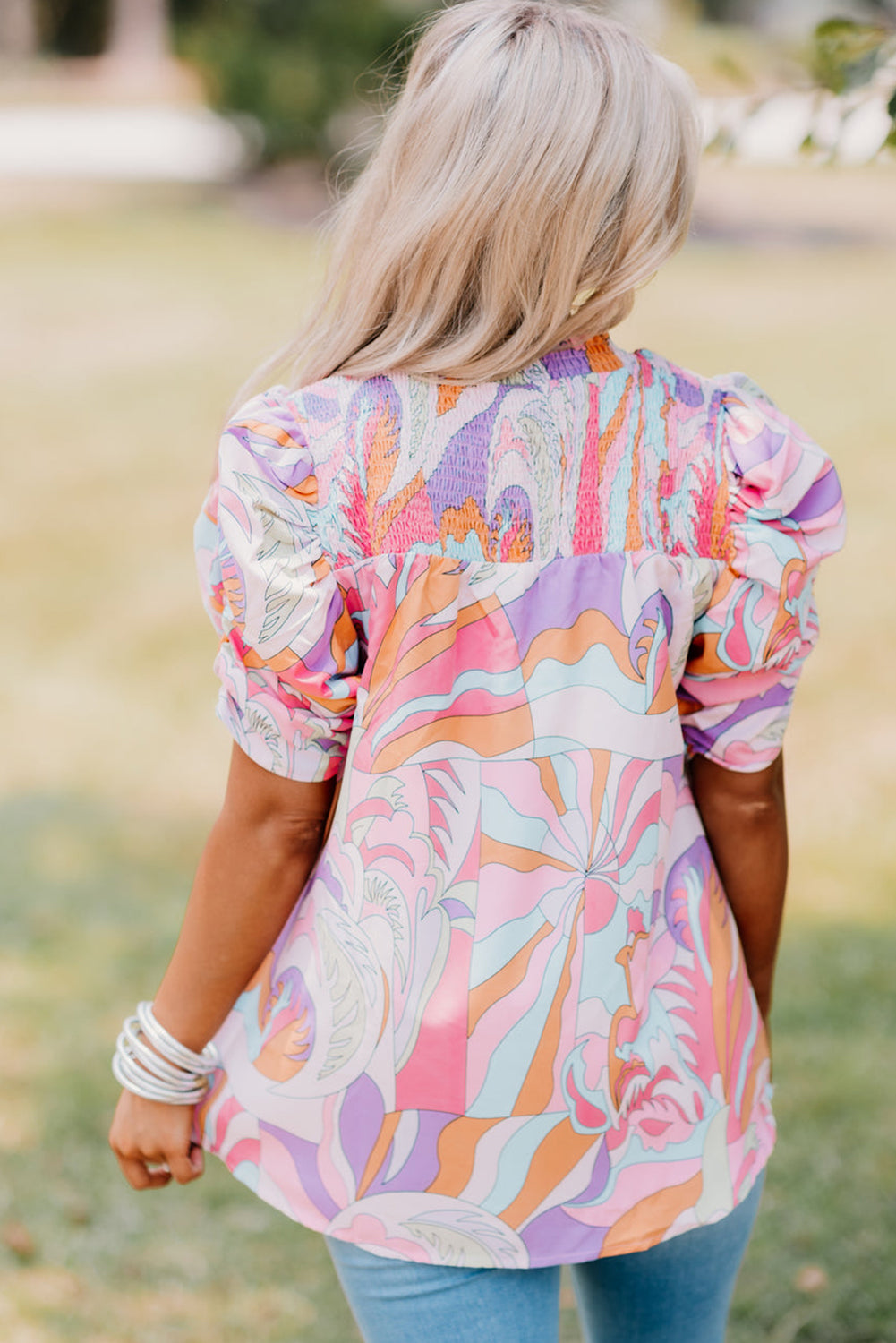 Pink Abstract Print Smocked Bubble Sleeve Blouse