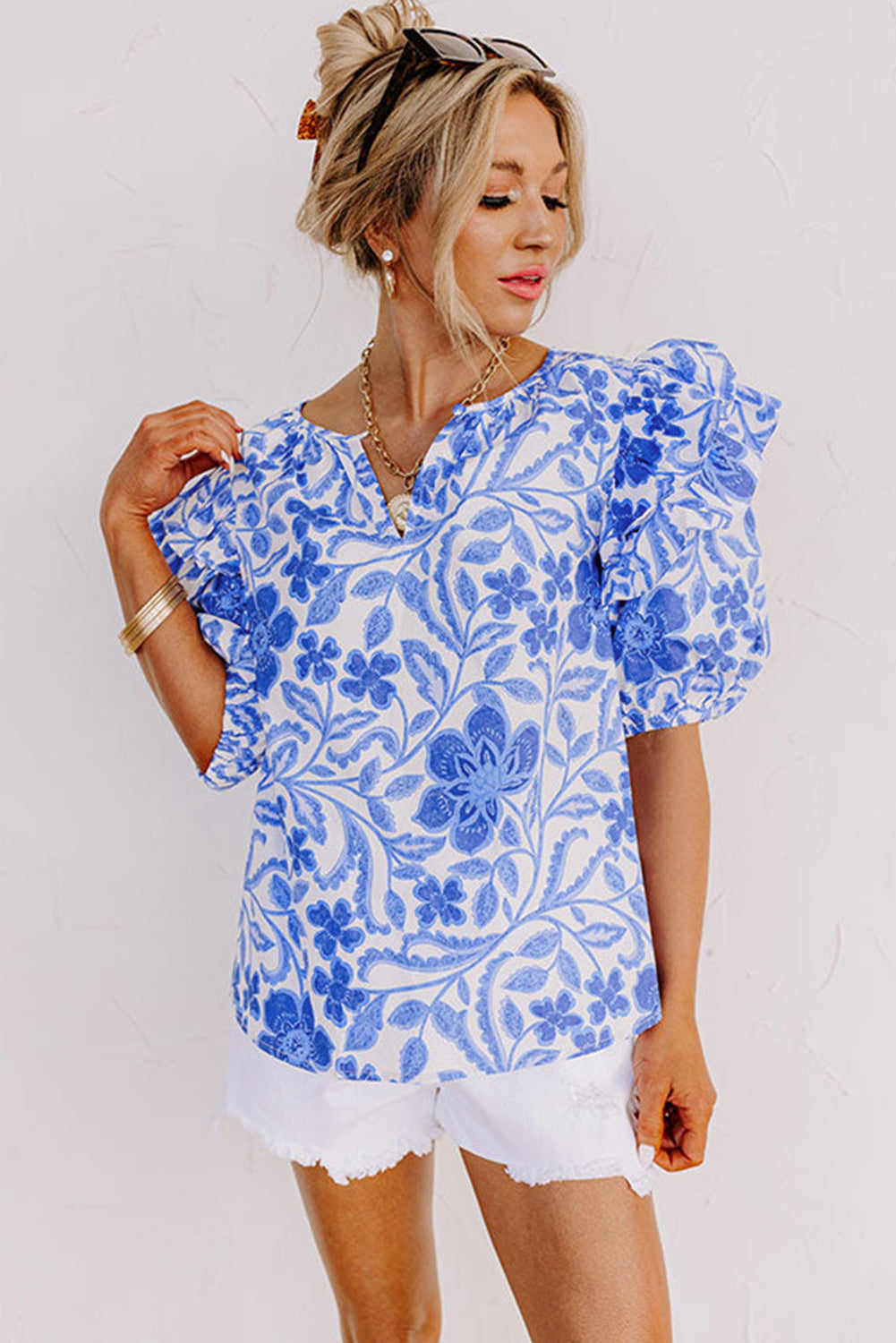 Dark Blue Floral Print Ruffled Bubble Sleeve Blouse – Women’s Boutique Dressy Top