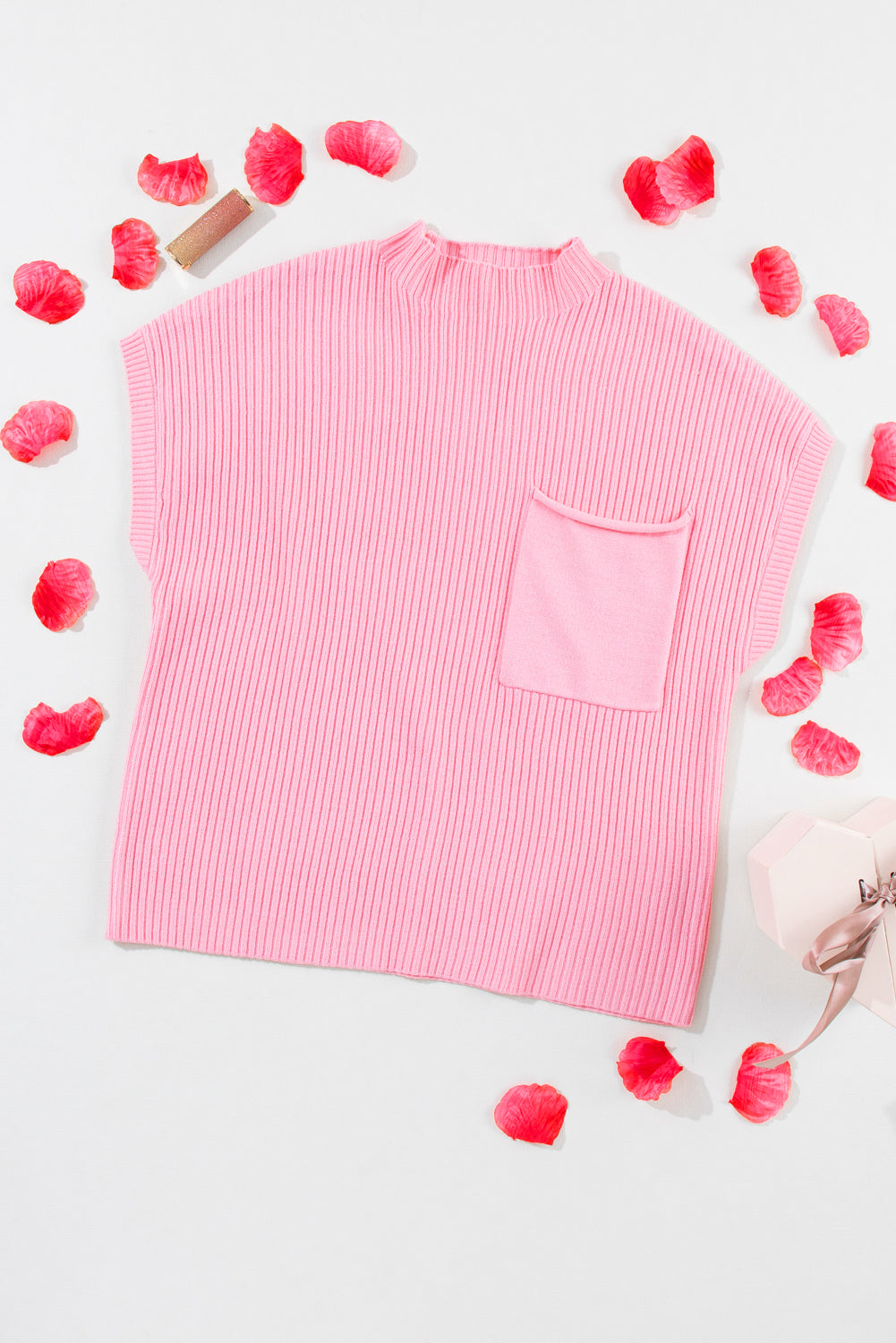 Pink Patch Pocket Ribbed Knit Short Sleeve Sweater – Women’s Boutique Casual Top