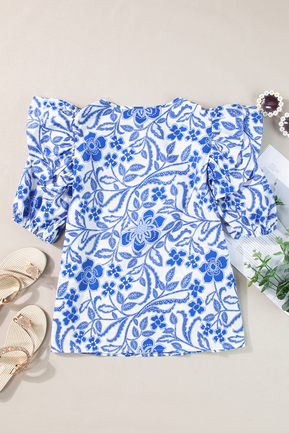 Dark Blue Floral Print Ruffled Bubble Sleeve Blouse – Women’s Boutique Dressy Top