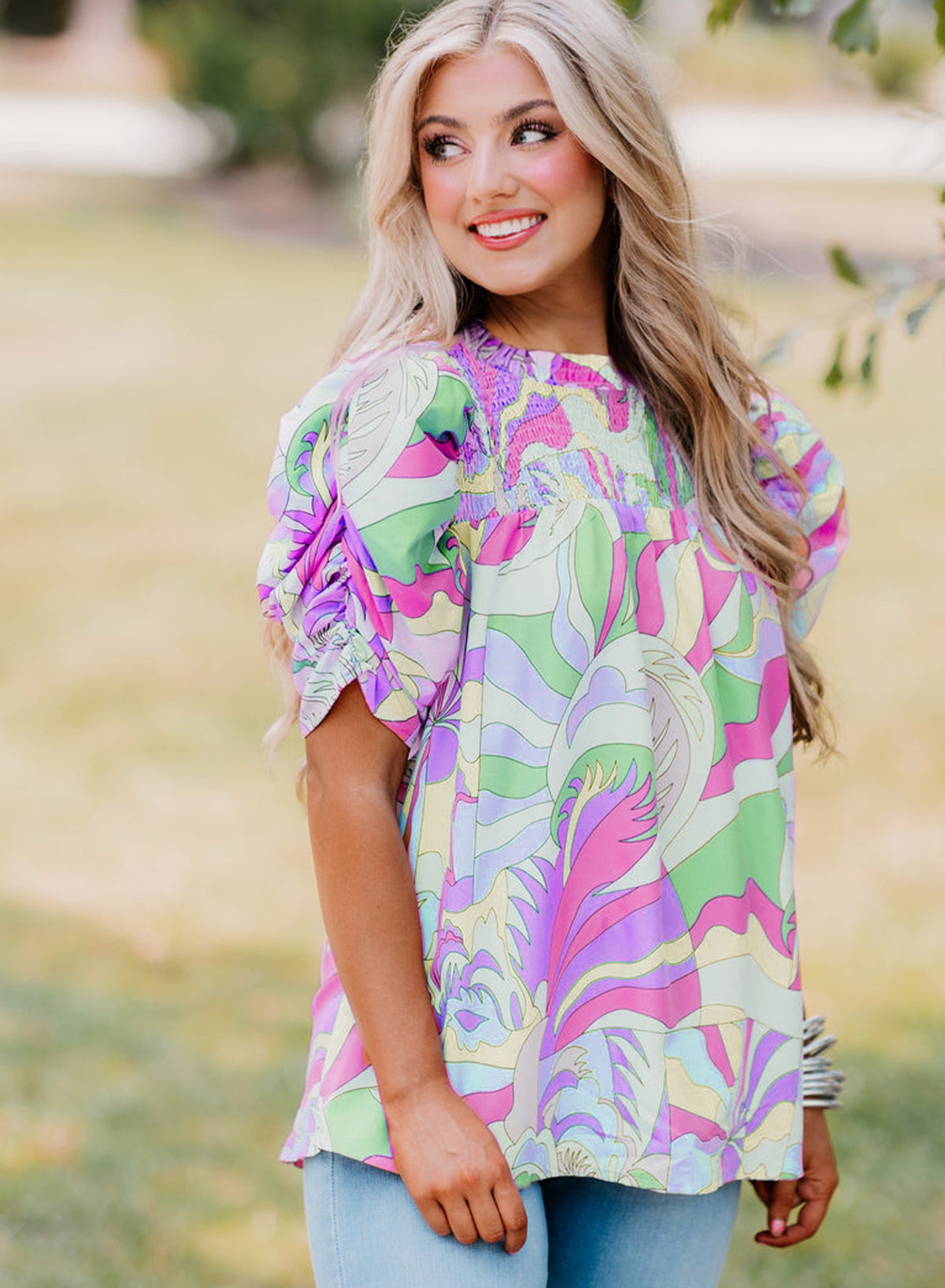 Pink Abstract Print Smocked Bubble Sleeve Blouse
