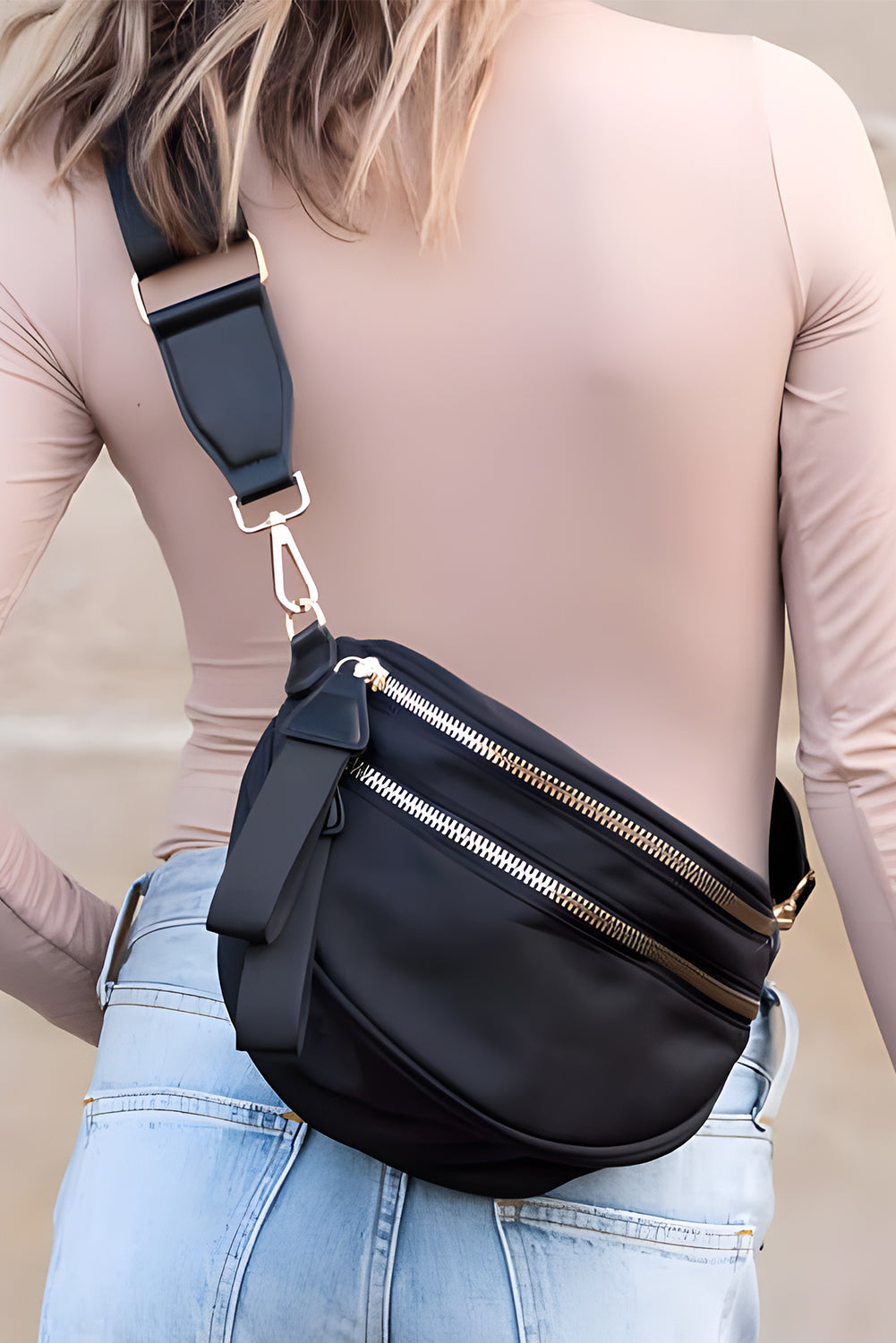 Jungle Green Wide Strap Zipper Crossbody Bag