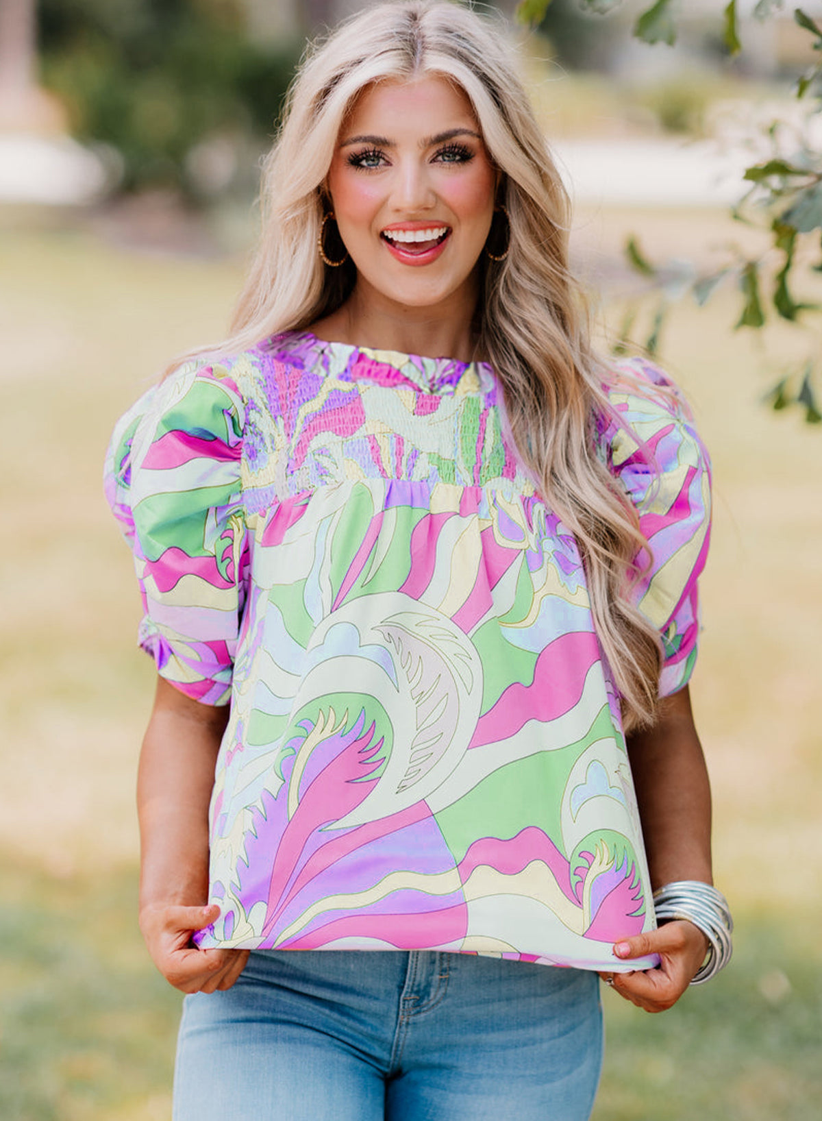 Pink Abstract Print Smocked Bubble Sleeve Blouse