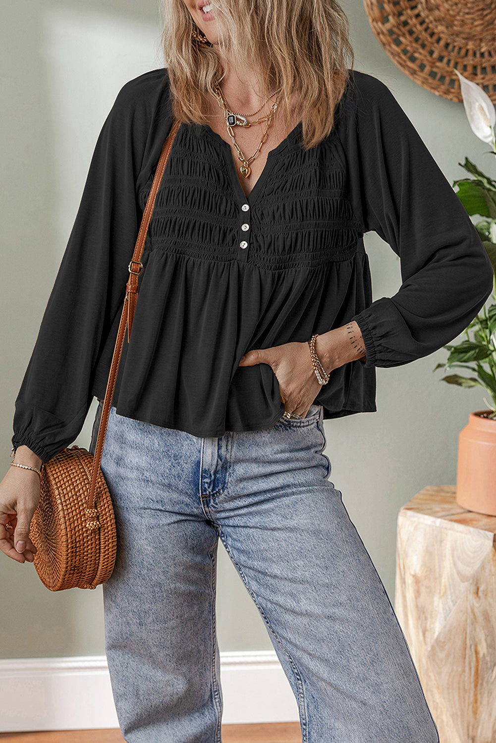 Black Smocked Bust Buttoned Split V Neck Flowy Blouse