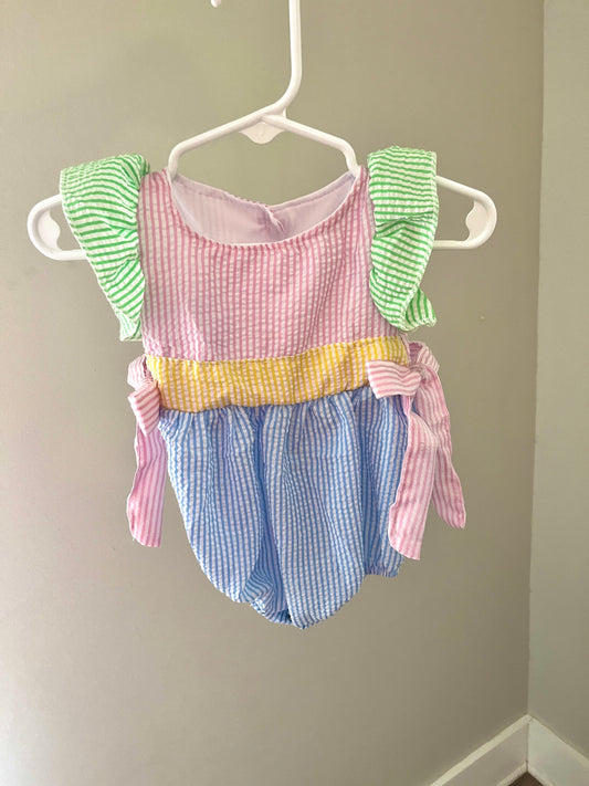 Color-Block Seersucker Baby Girl Bubble – Lightweight Summer Romper for Infants & Toddlers