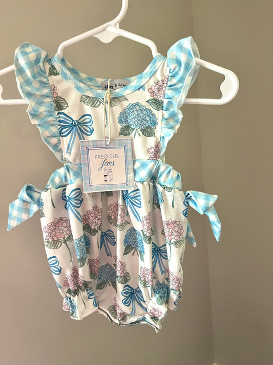 Blue Gingham Hydrangeas and Bows Baby Girl Bubble Romper – Boutique Infant & Toddler Outfit