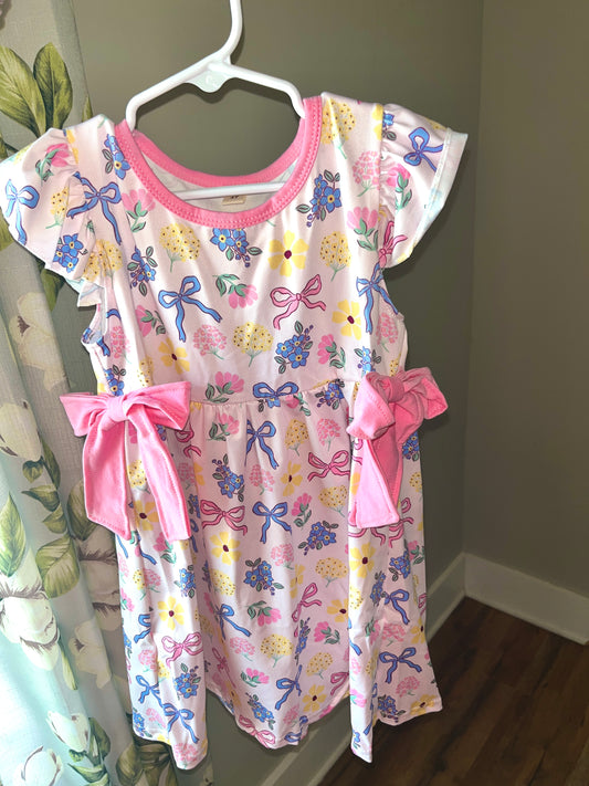 Girls Springtime Flowers and Bows Dress – Cute Boutique Floral Dress with Bow Details